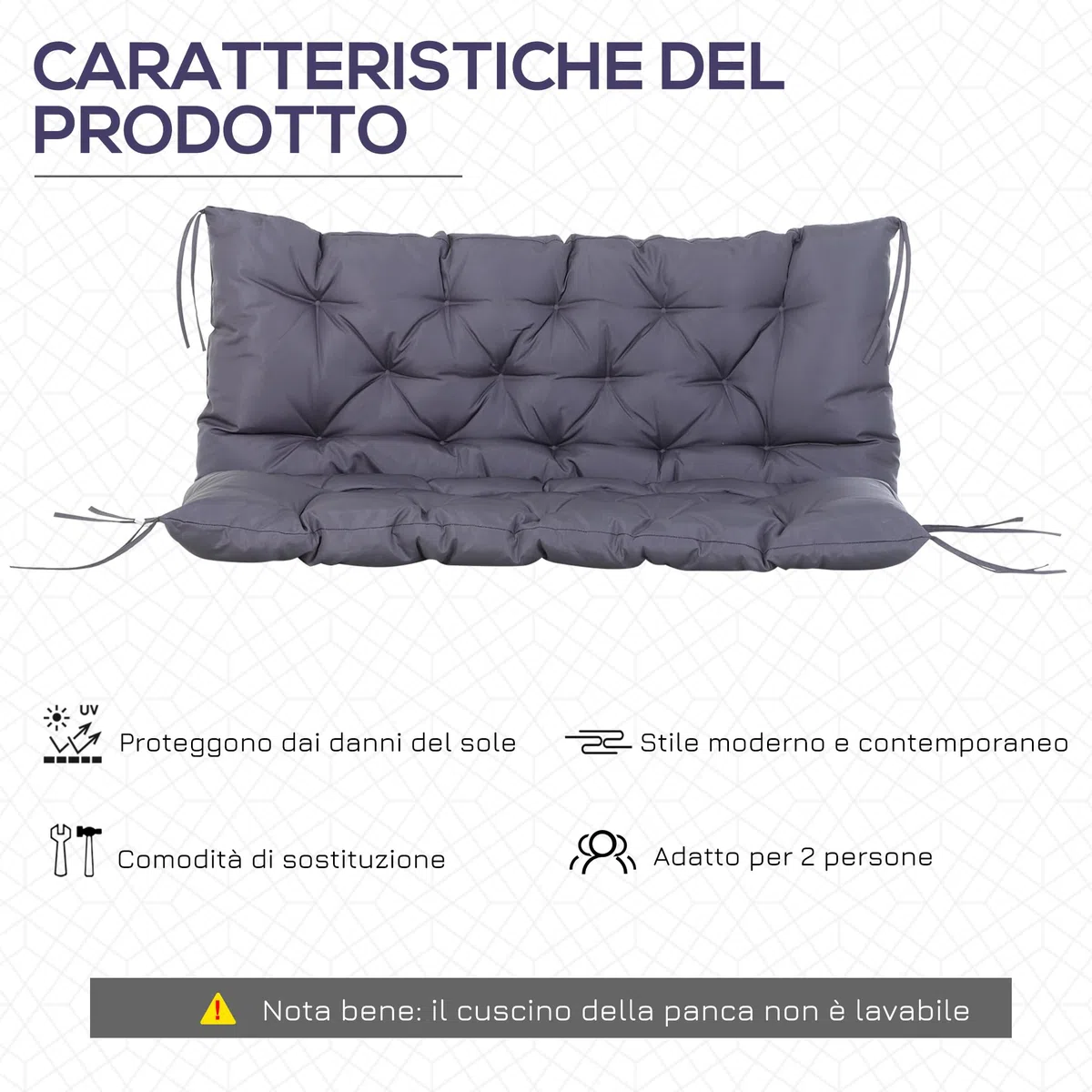 Outsunny Cuscino da Giardino 2 Posti per Sedute da Esterno con Schienale e 6 Lacci, Cuscino da Esterno Imbottito in Cotone e Poliestere, per Divani Dondoli Panche, 132x110x10 cm, Grigio Scuro
