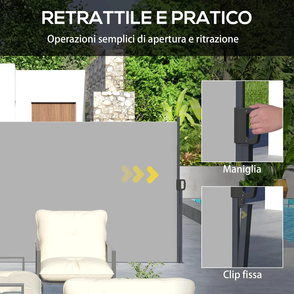 Outsunny Tenda Laterale Retrattile con Maniglia, Frangivista Balcone in Metallo, Alluminio e Poliestere, 180 g/m², UV30+, per Balcone Giardino ed Esterno, 400x180 cm, Grigio Chiaro