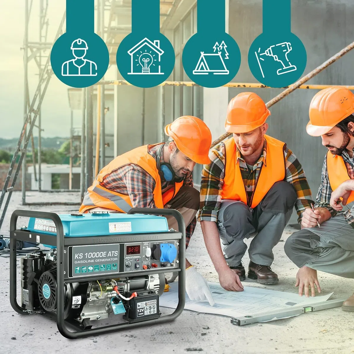 Generatore di corrente Könner & Söhnen KS 10000E ATS - generatore benzina Motore 4 tempi con avviamento elettrico, regolatore automatico di tensione 230V, alimentazione automatica di emergenza, 8KW