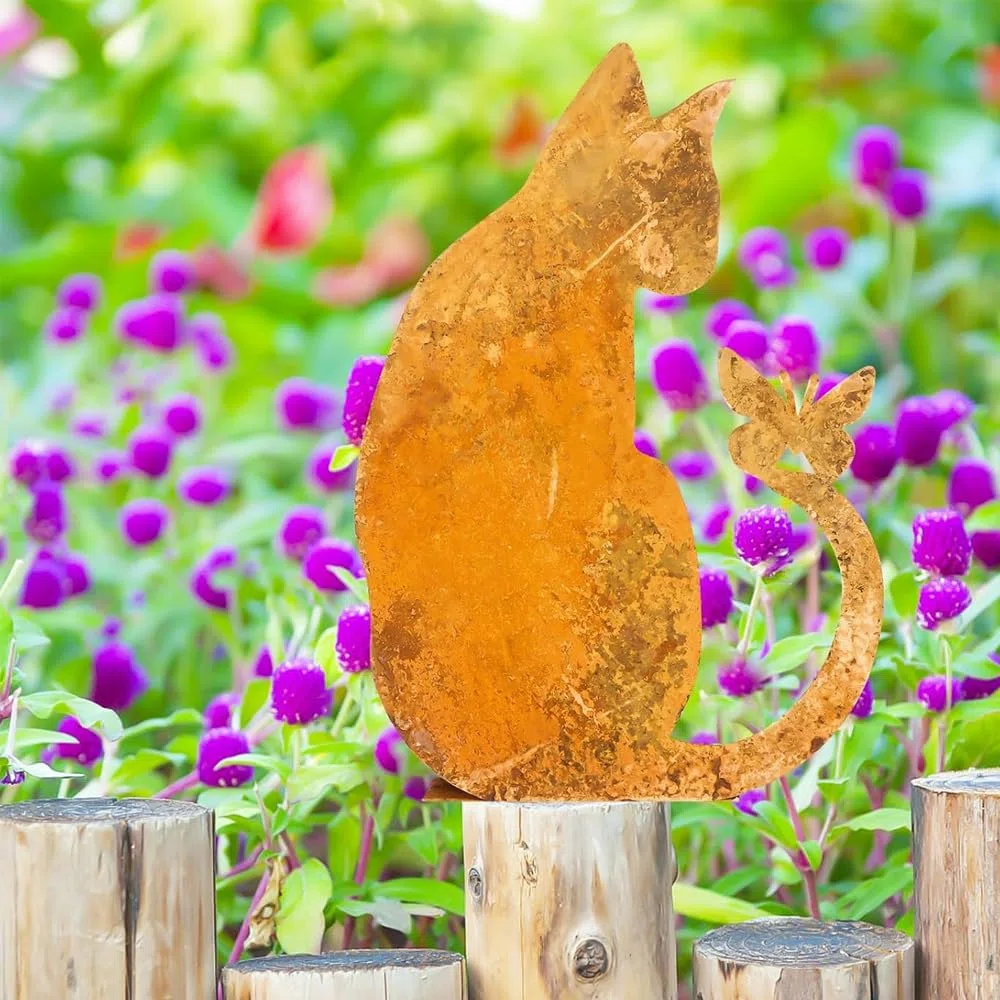 Decorazione da Giardino per Gatti Decorazione da Giardino con palo in Metallo ruggine Decorazione da Giardino Gatto arrugginito Ornamenti da Esterno Artigianato in Ferro