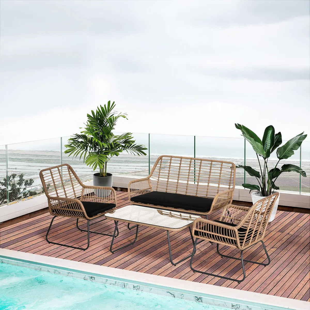 Outsunny Set Mobili da Giardino in Rattan PE da 4 Pezzi, Salotto da Esterno Stile Boho con 2 Poltrone, Divanetto e Tavolino con Ripiano