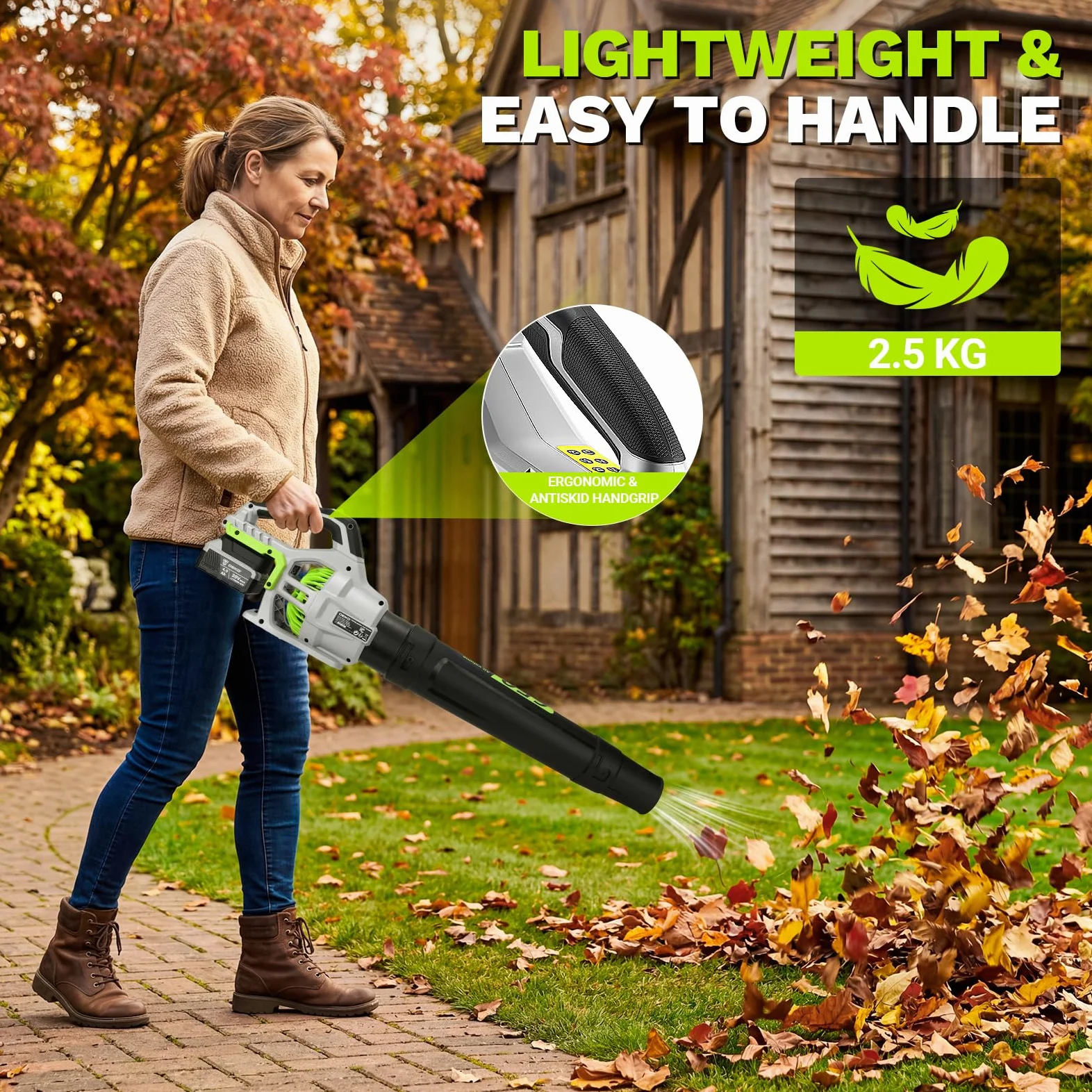 DEKOPRO Soffiatore a Batteria 20V: Soffiatore Elettrico Leggero con 2 Batterie da 4.0Ah e Caricabatterie, 650 CFM, 2 Velocità, 257km/h, per Marciapiedi, Viali, Giardino, Soffiare Foglie e Neve