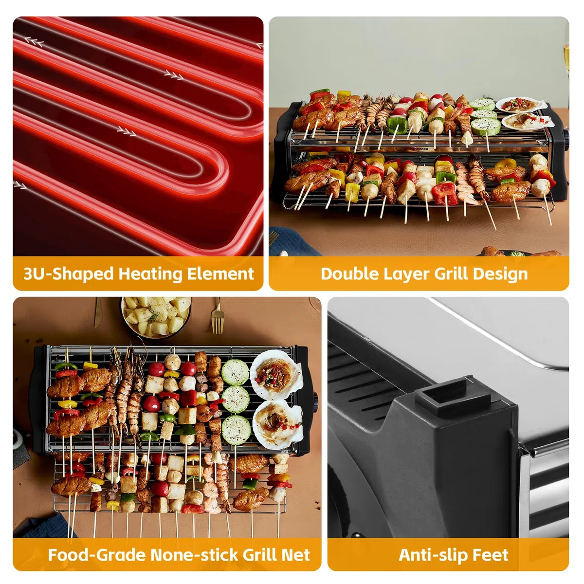 Griglia Barbecue Senza Fumo Barbecue Piastra Elettrica da Tavolo, Grill Elettrico BBQ Doppio Strato con Vassoio Raccogligrasso, Antiaderente Grill per Balcone e Giardino - 2200W