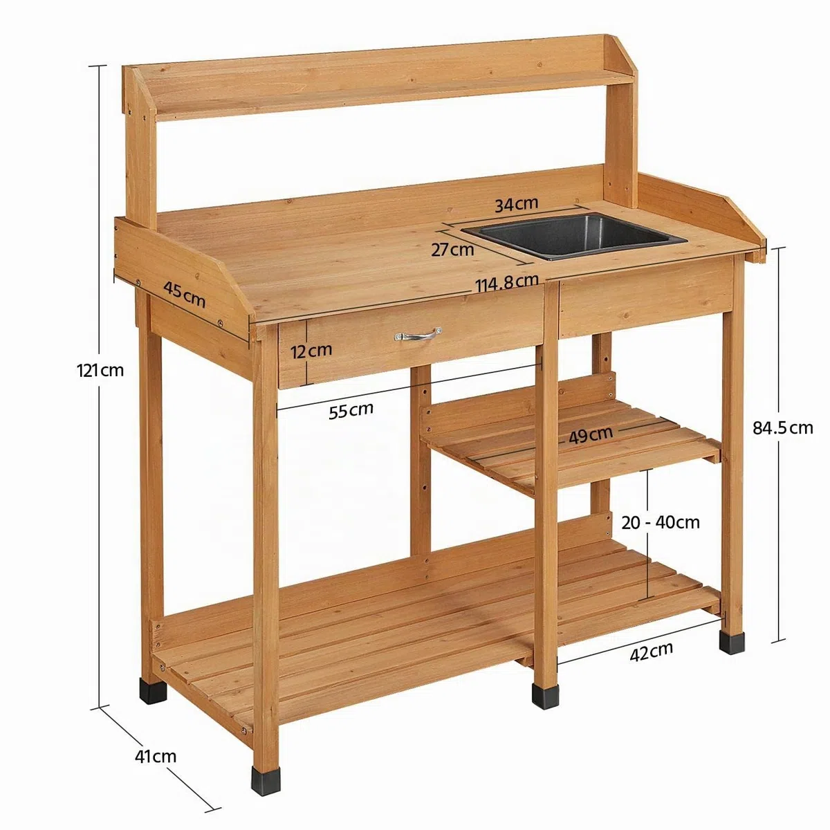 Yaheetech Tavolo Lavoro da Giardino per Piante in Legno con Lavandino Rimovibile Cassetto Spazioso Ganci Armadietto 114,8 x 45 x 121 cm Marrone