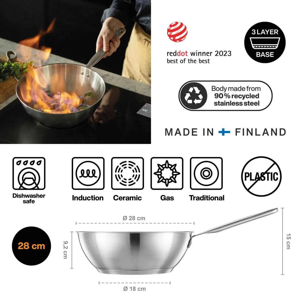 Fiskars Wok, Ø 28 cm / 4,5 L, All Steel, Padella non rivestita, Adatto a tutti i piani cottura, Acciaio inossidabile riciclato, Argento, 1065629