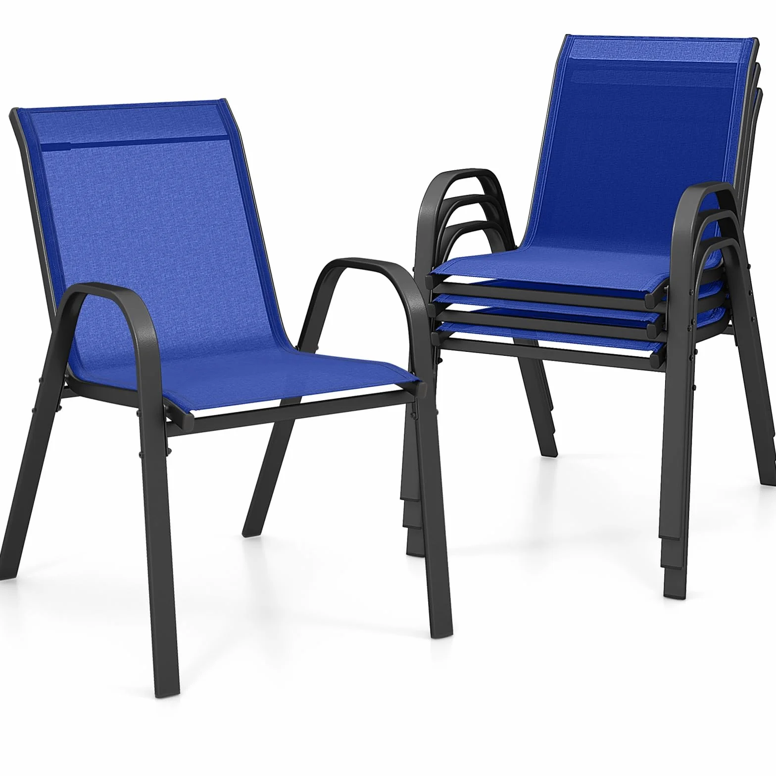 GYMAX Set di 2/4 Sedie da Giardino Impilabili con Tessuto Resistente alle Intemperie, Poltroncine da Esterno in Metallo per Giardino, Cortile, Portata 150 kg, 56 x 70 x 84 cm (Blu, 4 Pezzi)