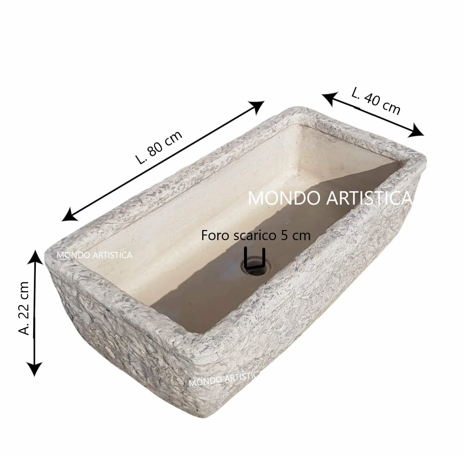 Lavandino Da Esterno per cucina da esterno, Lavabo Per Giardino, Pilozzo, Vasca Unica, Fontana, Altezza 22 cm, Larghezza 80x40 Cm, In Cemento Bianco E Graniglia Di Marmo, Grigio