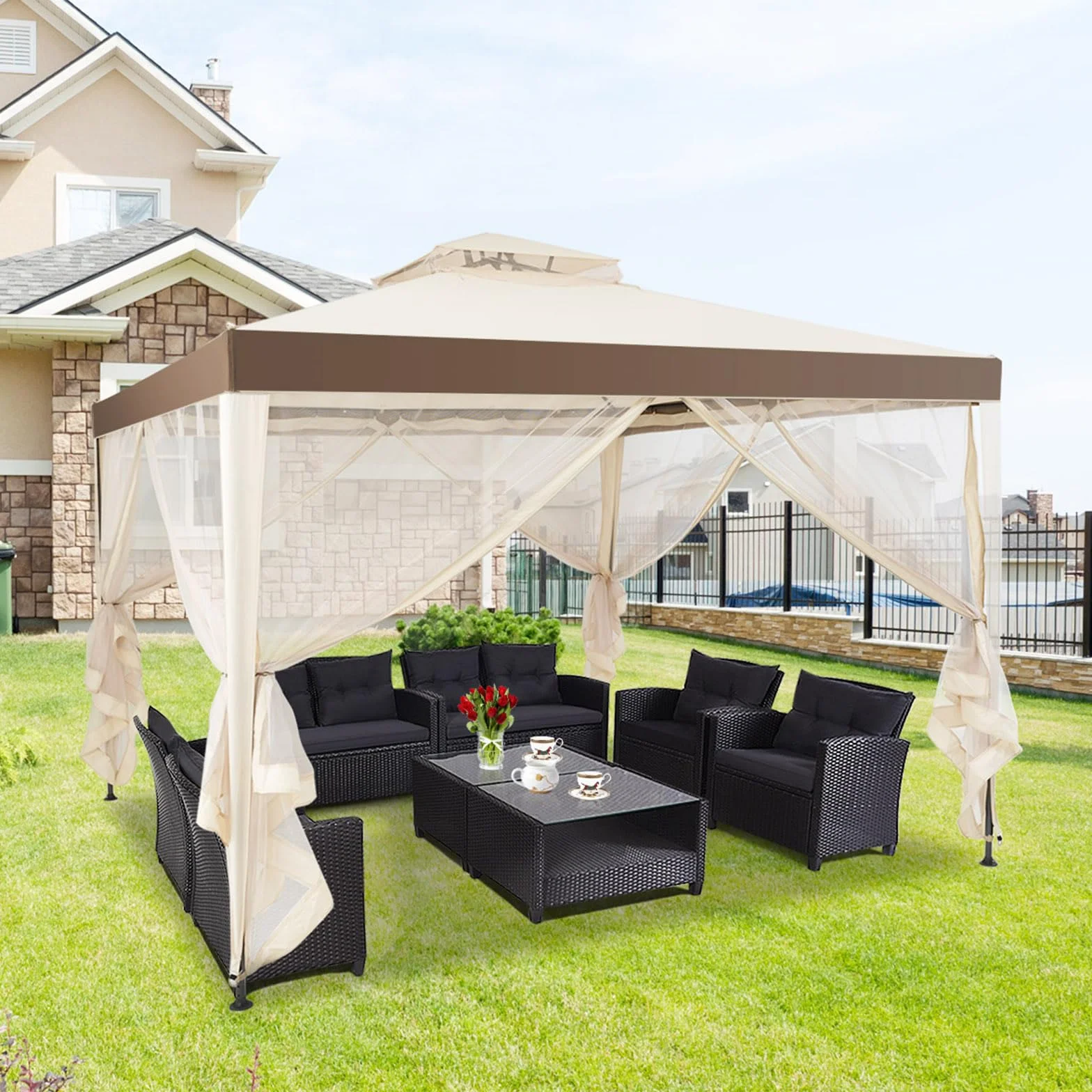 COSTWAY Gazebo da Giardino 3 x 3 m, Gazebo da Esterno con Zanzariera, Doppio Tettuccio e 4 Tendine Poliestere Laterali, Impermeabile, Struttura in Metallo, per Giardino, Patio e Cortile (Beige)
