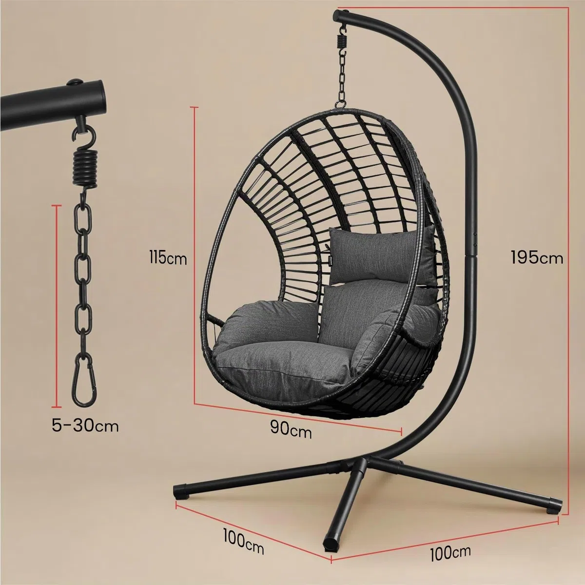 Swoods XXL poltrona sospesa - poltrona sospesa da giardino - Per uso interno ed esterno - con cuscino e copertura protettiva - resistente alle intemperie - portata fino a 150 kg (Grigio scuro)