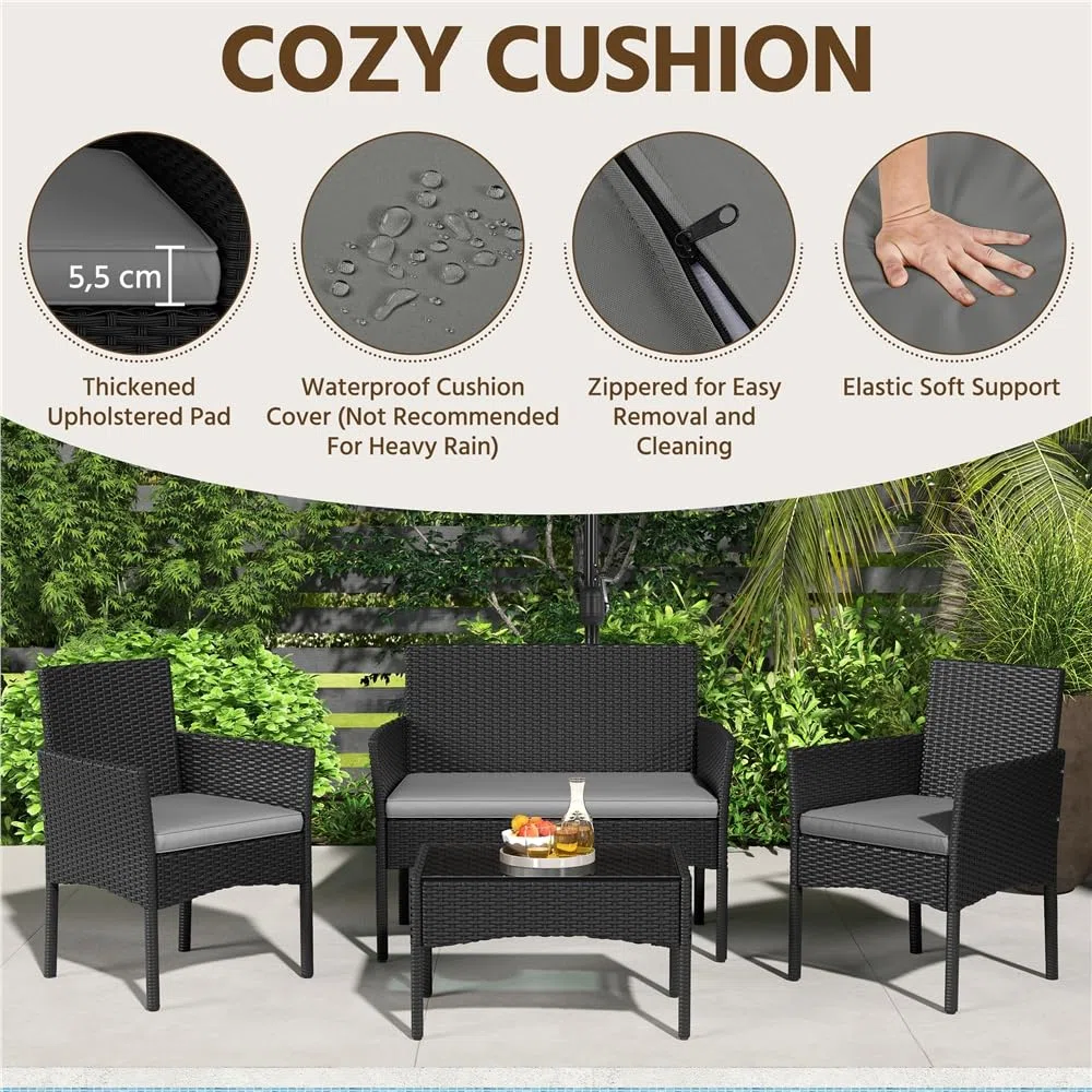 Yaheetech Set di Mobili da Giardino da Balcone 4 Pezzi in Polyrattan con Divano a 2 Posti 2 Poltrone 1 Tavolo per Esterni Patio Giardino Nero/Grigio Chiaro