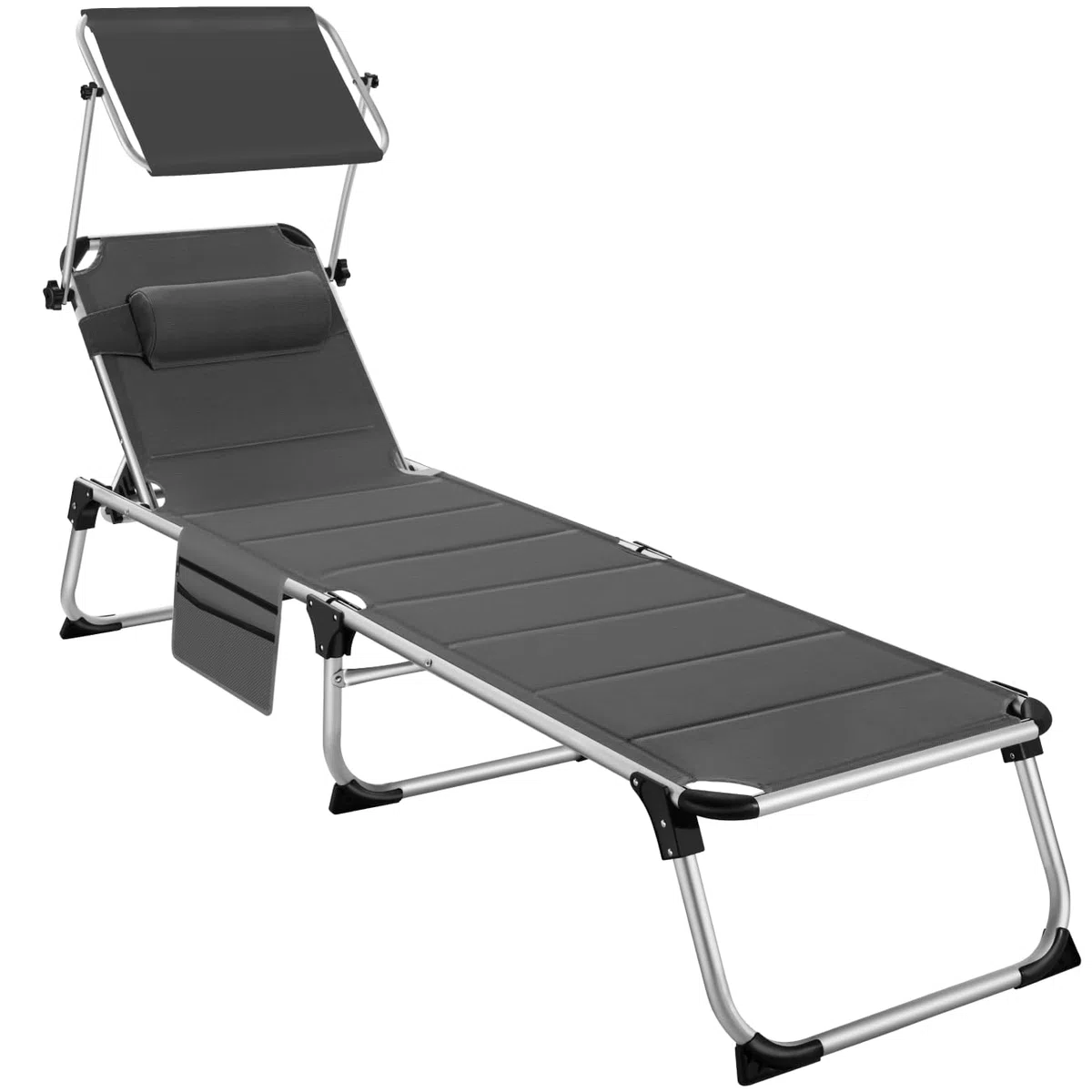 tectake® Sdraio da Mare, Sdraio da Spiaggia Pieghevole con Parasole, Sdraio da Giardino con Schienale Regolabile in 6 Posizioni, Cuscino Poggiatesta Removibile e Tasca Laterale - Grigio