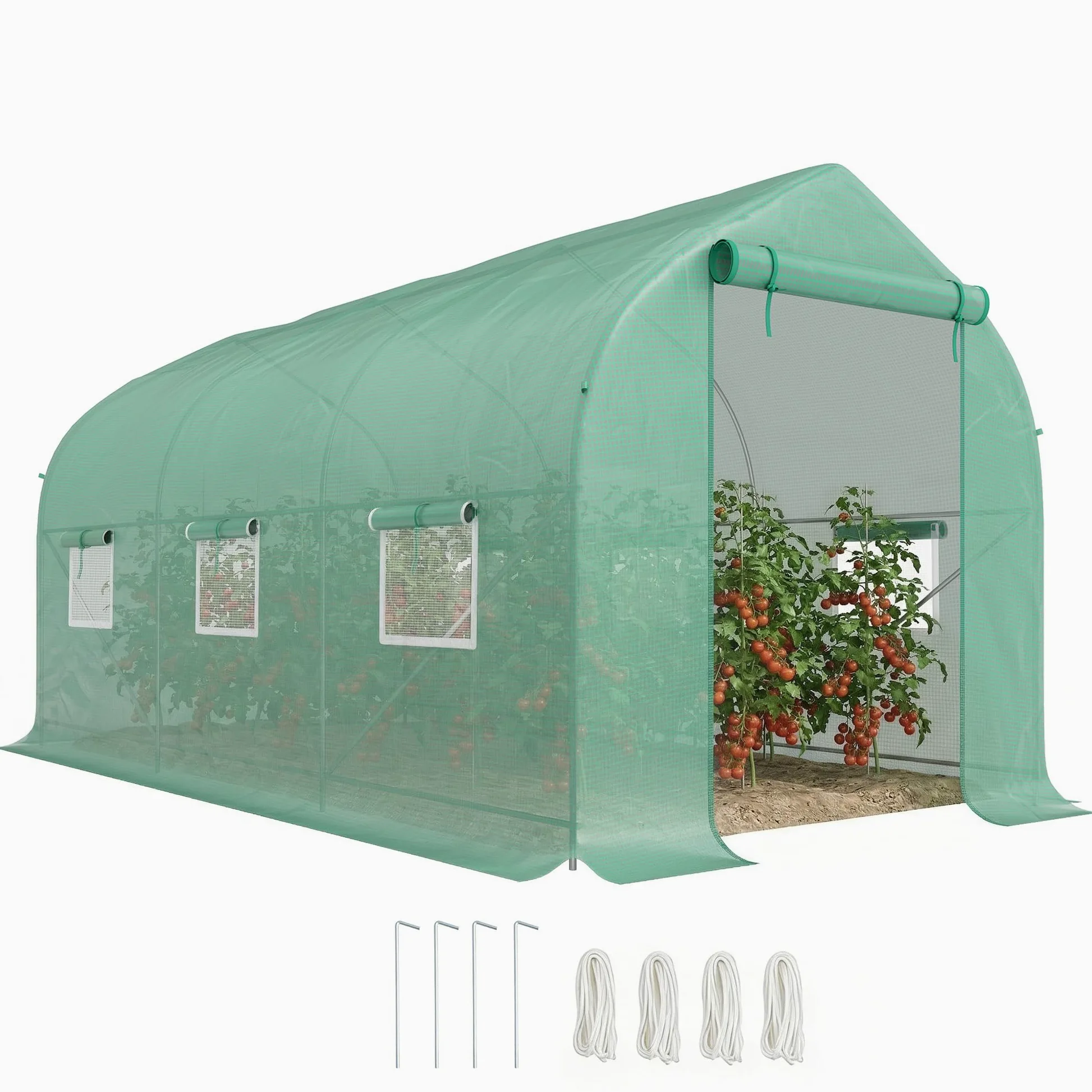 Outsunny Serra da Giardino a Tunnel 4x2x2 m con Porte Avvolgibili e 6 Finestre, Serra per Orto con Tetto a Spiovente, Struttura in Metallo e Copertura PE, per Orto Verdure Fiori Frutta, Verde
