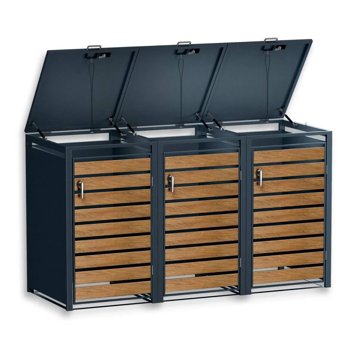 Metzler box pattumiere design antracite & effetto legno 3x240L, acciaio verniciato a polvere, robusto e chiudibile