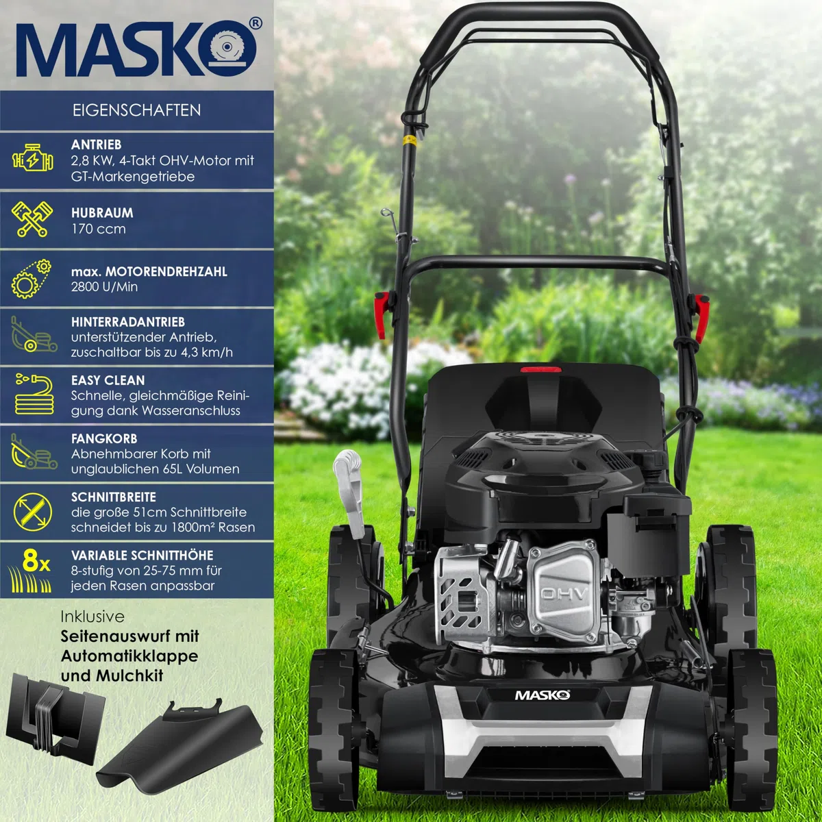MASKO Tosaerba a benzina 5 in 1, larghezza di taglio 51 cm, regolazione dell'altezza di taglio 8 volte, motore OHV a 4 tempi, 6,0 CV, cestino di raccolta da 65 litri, incluso kit per pacciamatura