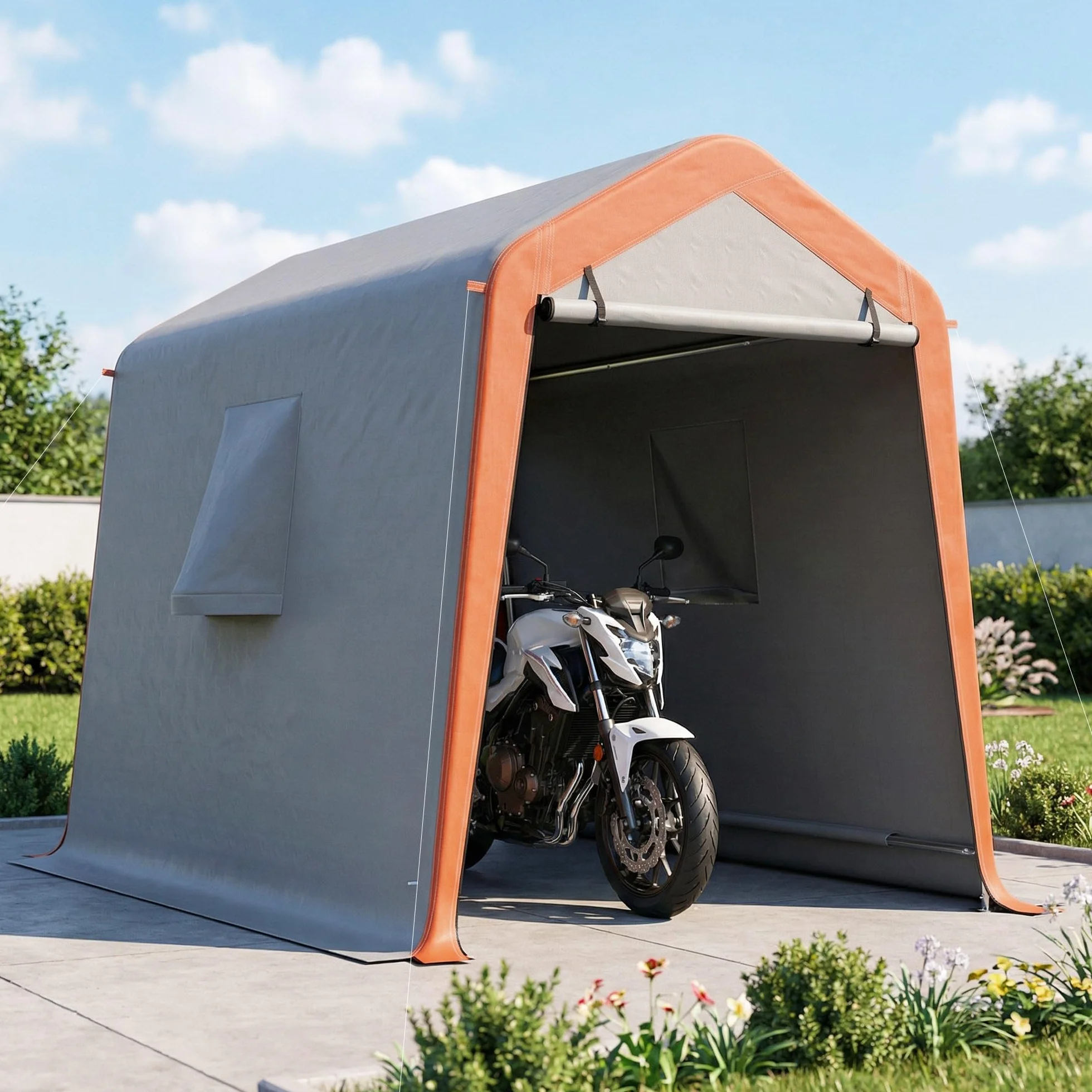 Outsunny Tenda da garage portatile da 2,4 x 1,8 m, impermeabile per auto, con porta arrotolabile con cerniera, finestre, struttura in metallo zincato, UPF30+, grigio chiaro
