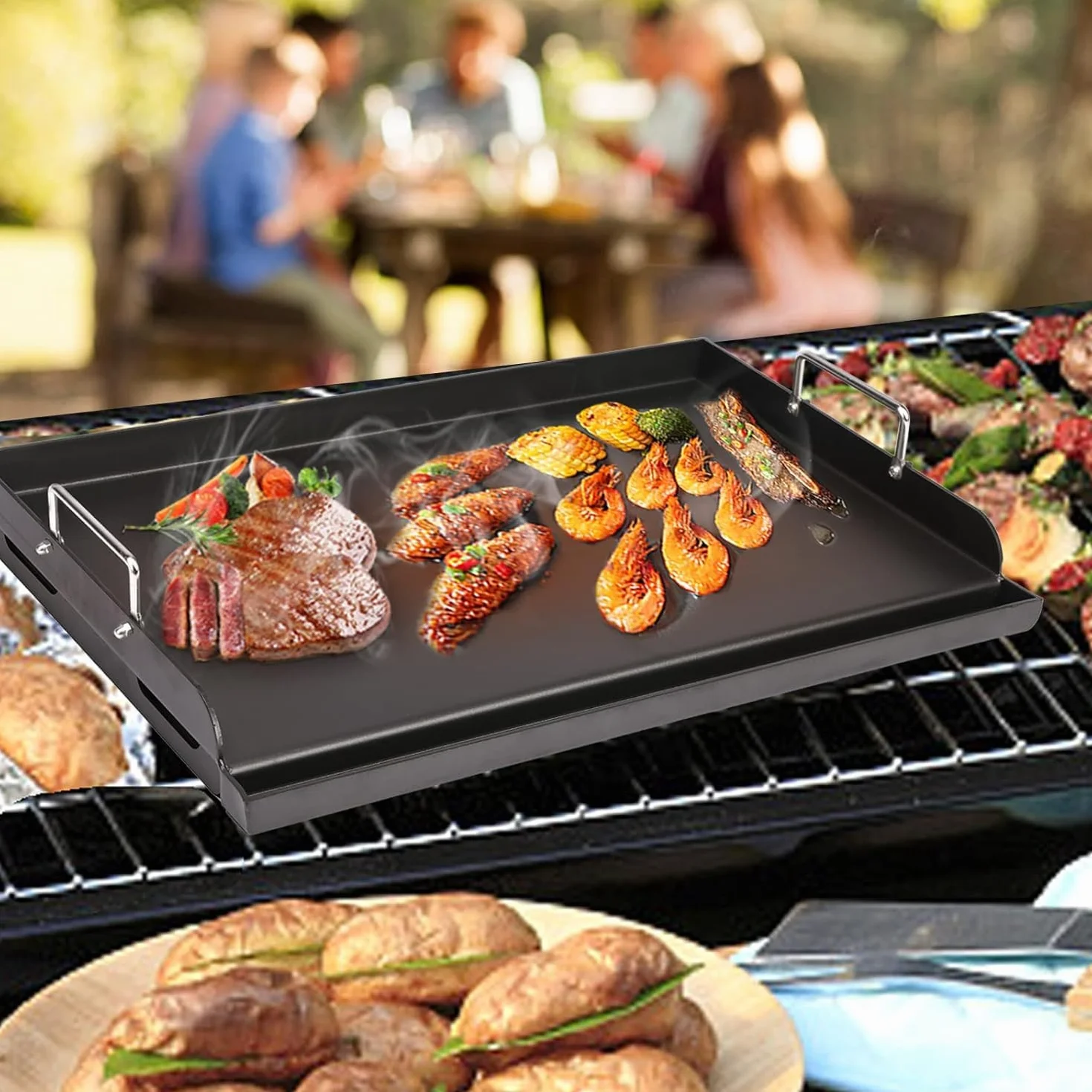 Denmay Piastra universale Plancha, 63,5 x 40,6 cm, per barbecue a gas, barbecue a carbonella, griglia elettrica e altro, rivestimento antiaderente per Weber, grande rettangolare universale