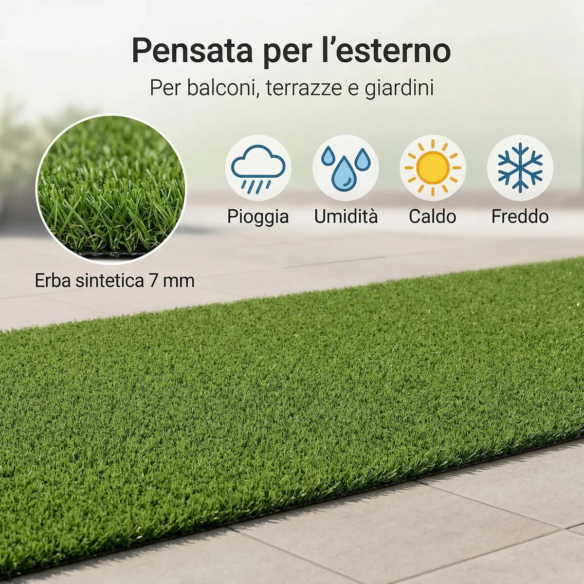 Erba Sintetica per Esterno – Galeone | Filamenti 7 mm – Prato Sintetico da Esterno - Compatto | Resistente | Tappeto Erba Finta a Rotolo - per Balconi - Terrazze - Giardini | Bassa Manutenzione