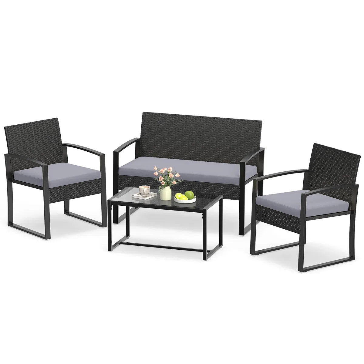 COSTWAY Set Salotto da Giardino a 4 Pezzi, Divanetto in Rattan con 2 Poltrone Ergonomiche e Tavolino con Piano in Vetro Temperato, Set Mobili da Esterno con Cuscini per Balcone e Patio (Grigio)