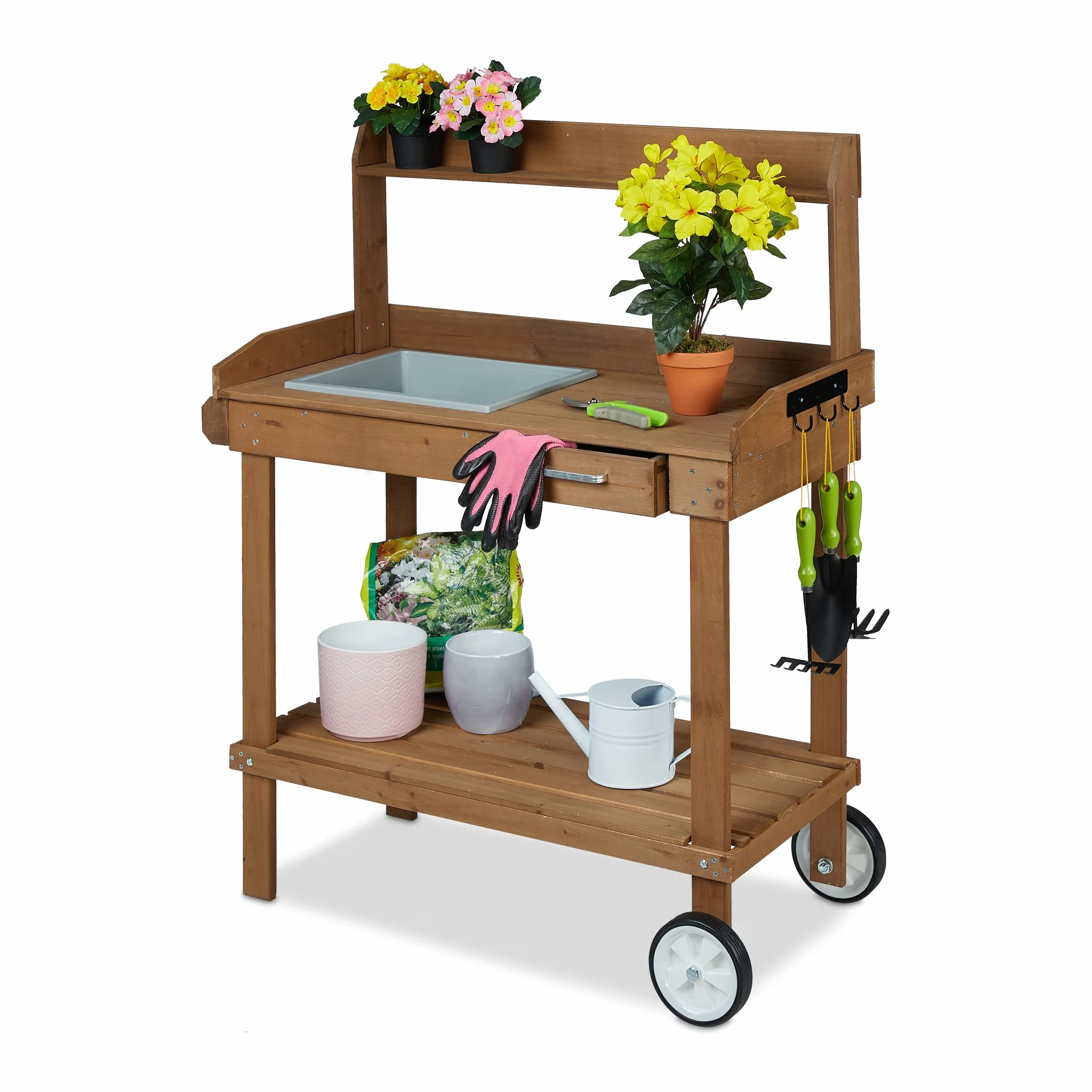 Relaxdays Tavolo da Lavoro per Giardinaggio, Ruote, Vasca, Cassetto, Ganci, Legno e Plastica, HLP 120x97x49 cm, Marrone