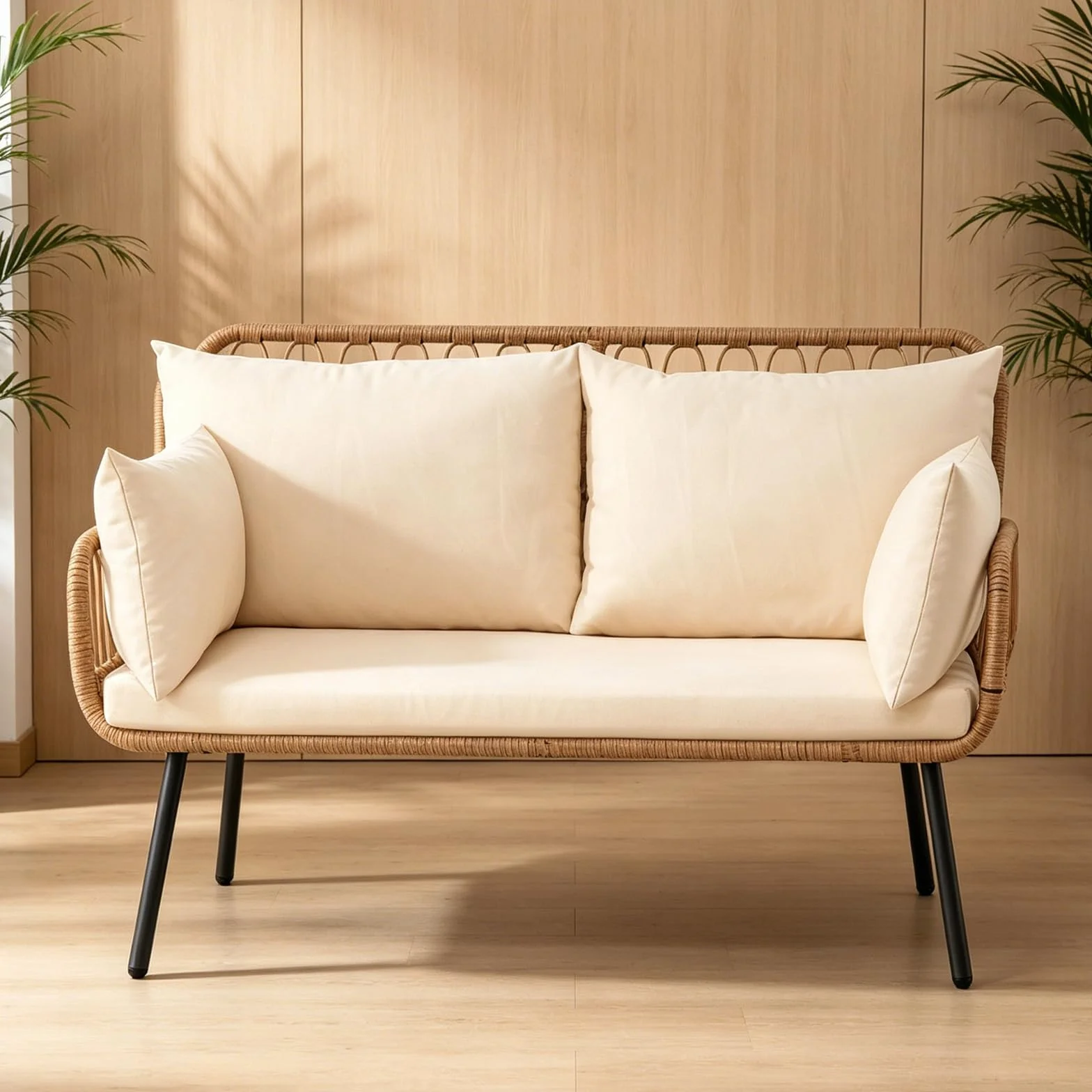 SOARS Divano Esterno a 2 Posti in Rattan PE, Divanetto da Giardino con Cuscini, Struttura Metallica, Piedini Regolabili, Salotto Ergonomico per Terrazzo e Patio, Portata 300 KG, 118 X 62 X 81 CM