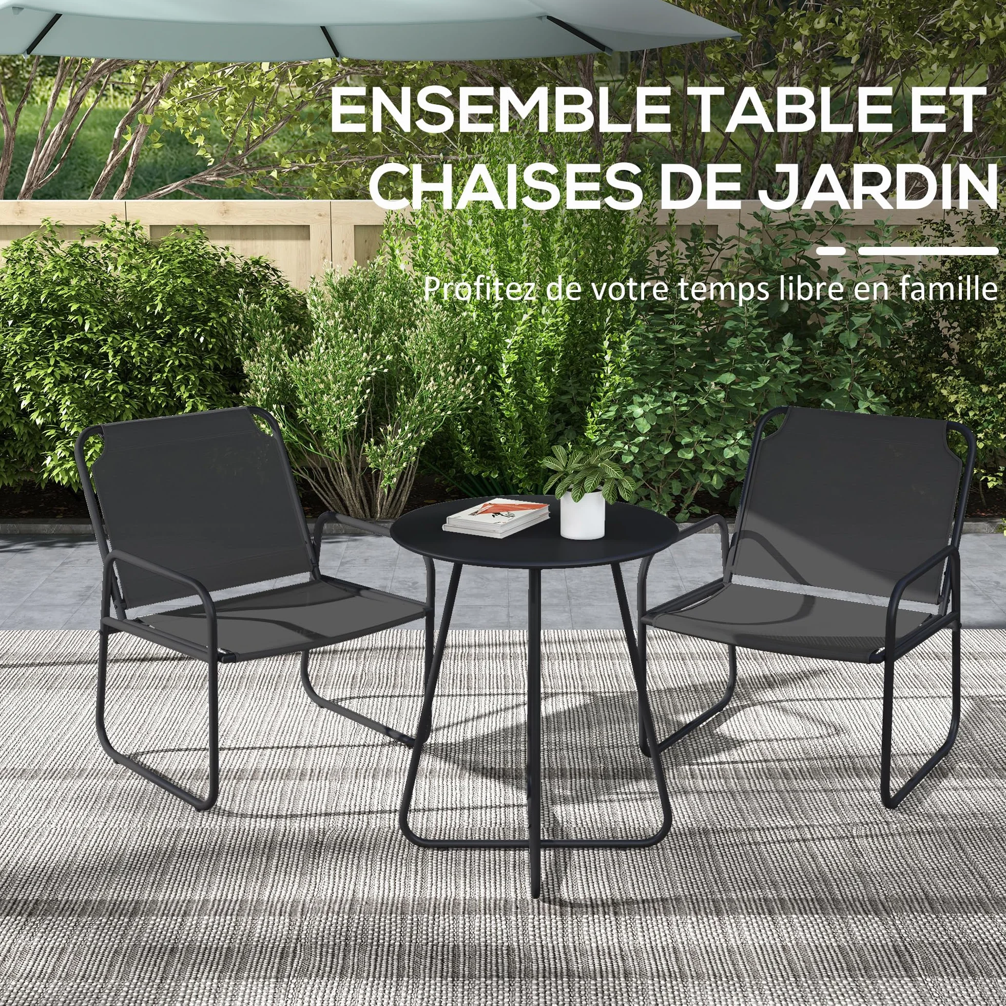 Outsunny Set da giardino 3 pezzi, salotto da giardino, 2 poltrone, 1 tavolo rotondo, acciaio e tessuto traspirante, grigio