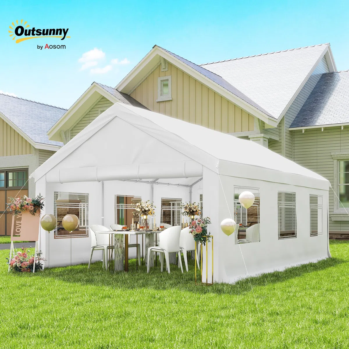 Outsunny Tendone per Feste 4x6 m con Pareti Laterali, Gazebo da Giardino in Acciaio Zincato a Caldo con 2 Porte a Cerniera, 6 Finestre, Corde, Gazebo da Esterno per Matrimoni Eventi, UV30+, Bianco