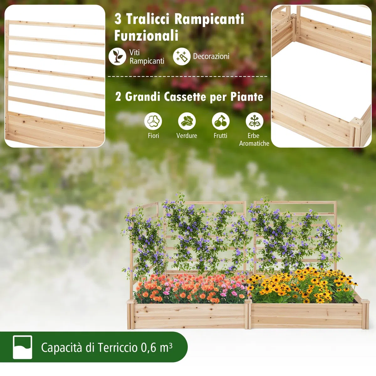 COSTWAY Letto Rialzato da Giardino con 2 Cassoni per Piantare e 3 Tralicci, Aiuola Rialzata da Giardino in Legno per Fiori, Erbe, Verdure, Frutta e Viti Rampicanti, 222 cm x 114 cm x 110 cm (Naturale)