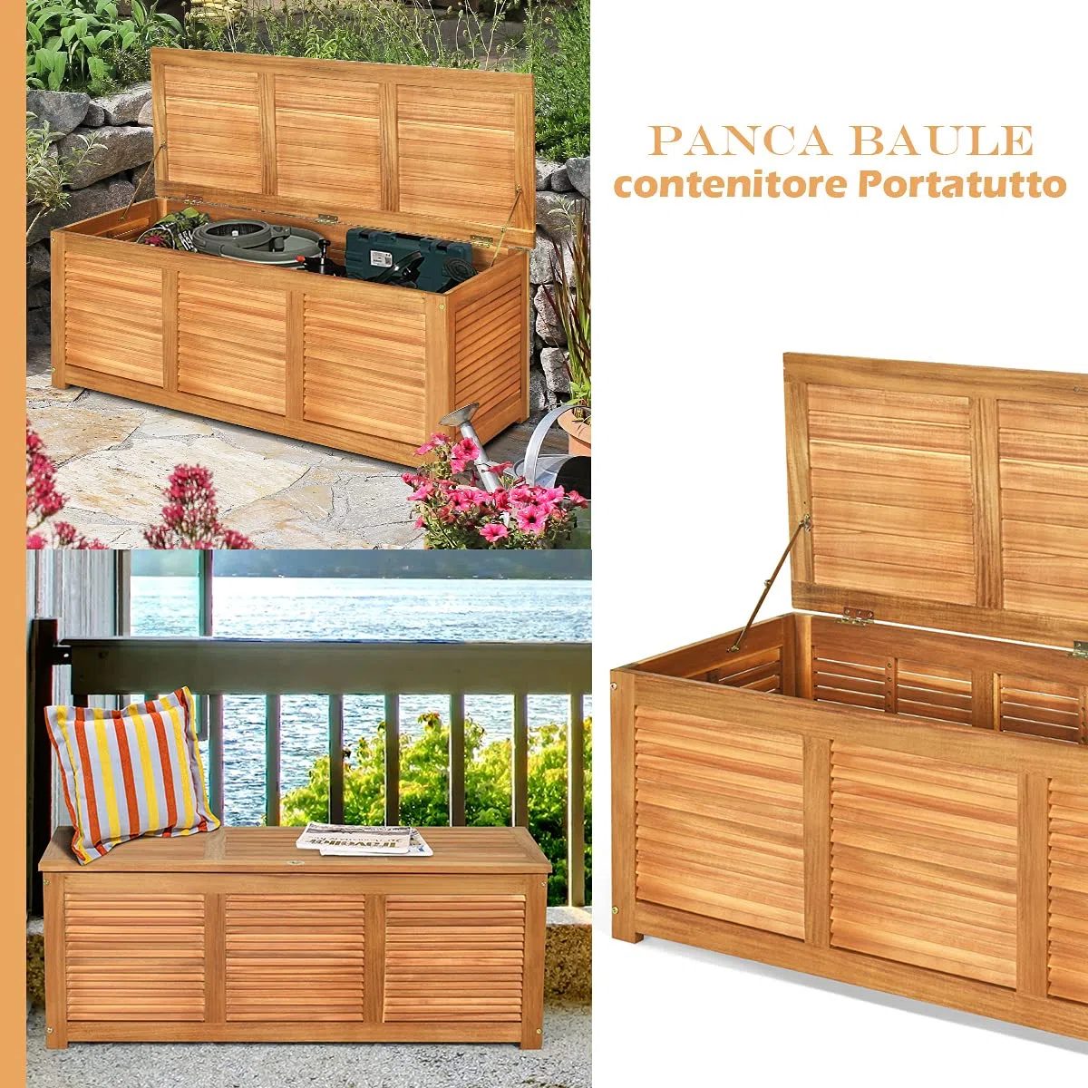 RELAX4LIFE Panca Baule in Legno di Acacia, Scatolone Rialzato a Doghe, Coperchio Ribaltabile con Maniglia ad Anello, Contenitore Portatutto da Interno Esterno, 120x45x45cm (Modello 1)
