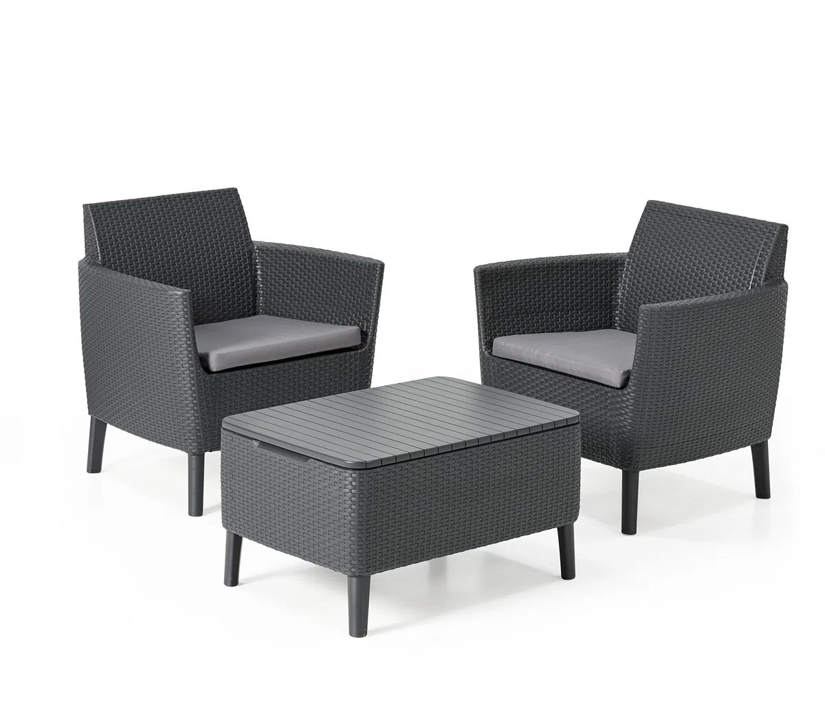 Keter Salemo Balcony Set, Set Mobili da Giardino in Rattan con 2 Poltrone e Tavolino Porta Cuscini, Grafite