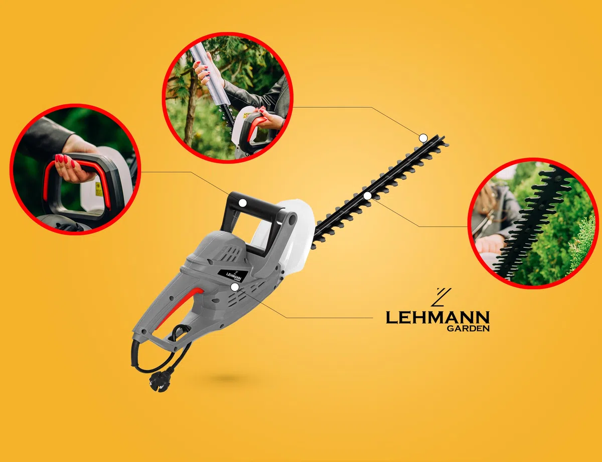 LEHMANN Tagliasiepi elettrico, Lunghezza Lama 45 cm, Capacità di Taglio 16 mm, Potenza Massima 1500 W, Protezione Antiurto, Impugnatura Ergonomica, Leggero 2,1 kg, per Siepi e Arbusti, Grigio