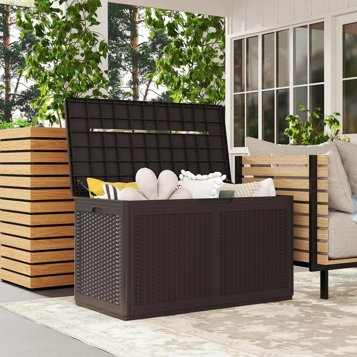 RELAX4LIFE Cassapanca da Esterno 380L, Contenitore da Patio Chiudibile a Chiave con 2 Ruote, Superficie in Finto Rattan, in Resina Impermeabile per Cuscini, Attrezzi (MARRONE)