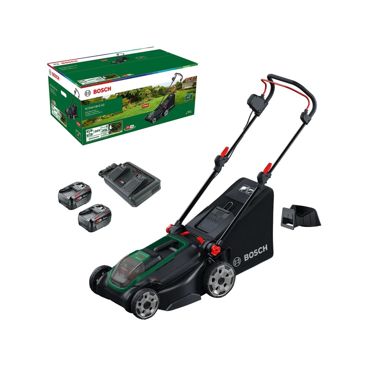 Bosch Rasaerba a batteria ROTAK18V2-43 (larghezza di taglio: 43 cm, altezza di taglio: 30-75 mm, sacco raccoglierba in tessuto da 50 l, tappo per pacciame, inclusi 2 batterie da 18 V e caricabatteria)
