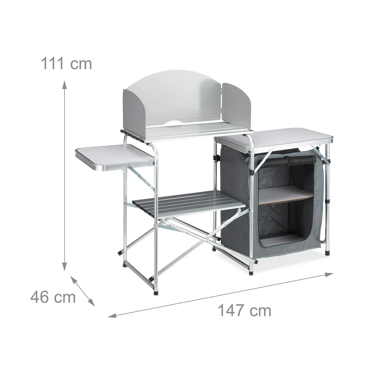 Relaxdays Cucina da Campeggio con Protezione Antivento, Custodia, Pieghevole, Alu e MDF, 111x147x46 cm, Bianco-Grigio