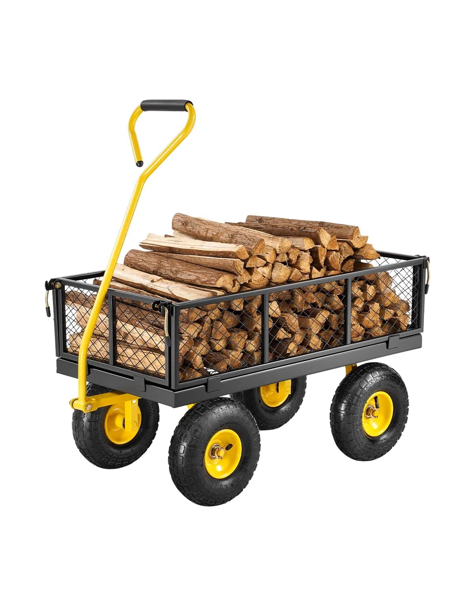 VEVOR Carrello da giardino in acciaio da 226,8 kg, resistente carrello da giardino estraibile su ruote, carrello da giardino in metallo con pneumatici da 25,4 cm, lati rimovibili in rete e manico