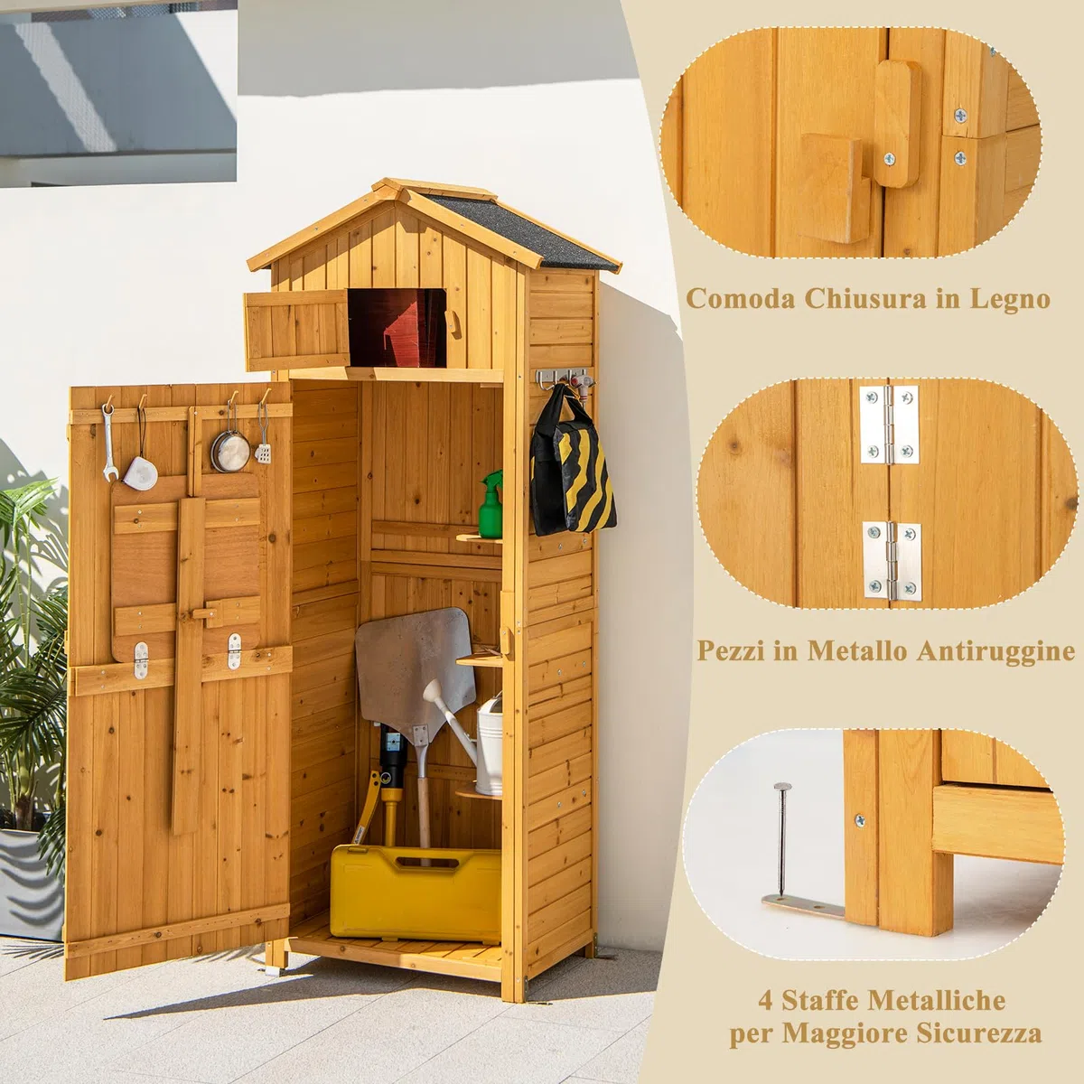 RELAX4LIFE Armadio da Esterno in Legno Massello Verniciato Giallo – Doppia Porta + Tavolino Pieghevole – Tetto in Asfalto Antipioggia – 65x42x180,5 cm – per Giardino, Patio e Cortile