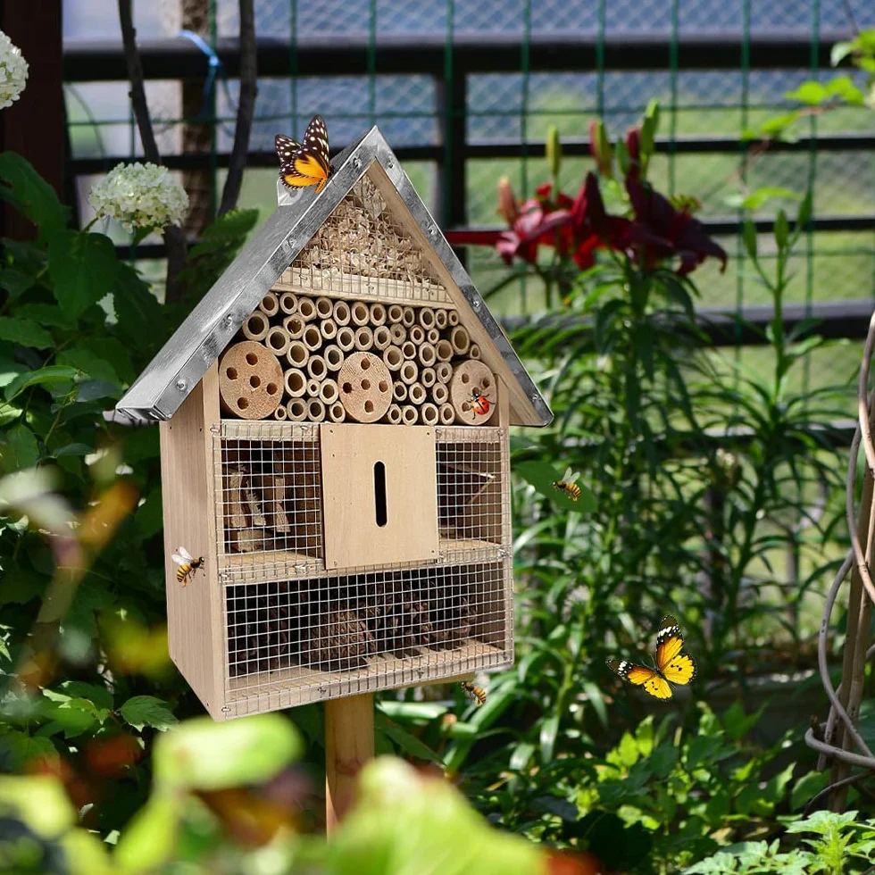 Casetta In Legno Da Giardino Esterno Per Insetti, Casetta Api Selvatiche Da Appendere Con Tetto In Metallo, Hotel Per Insetti Selvatici Ape Farfalla Coccinella, Decorazioni Appesa Da Giardino Albero
