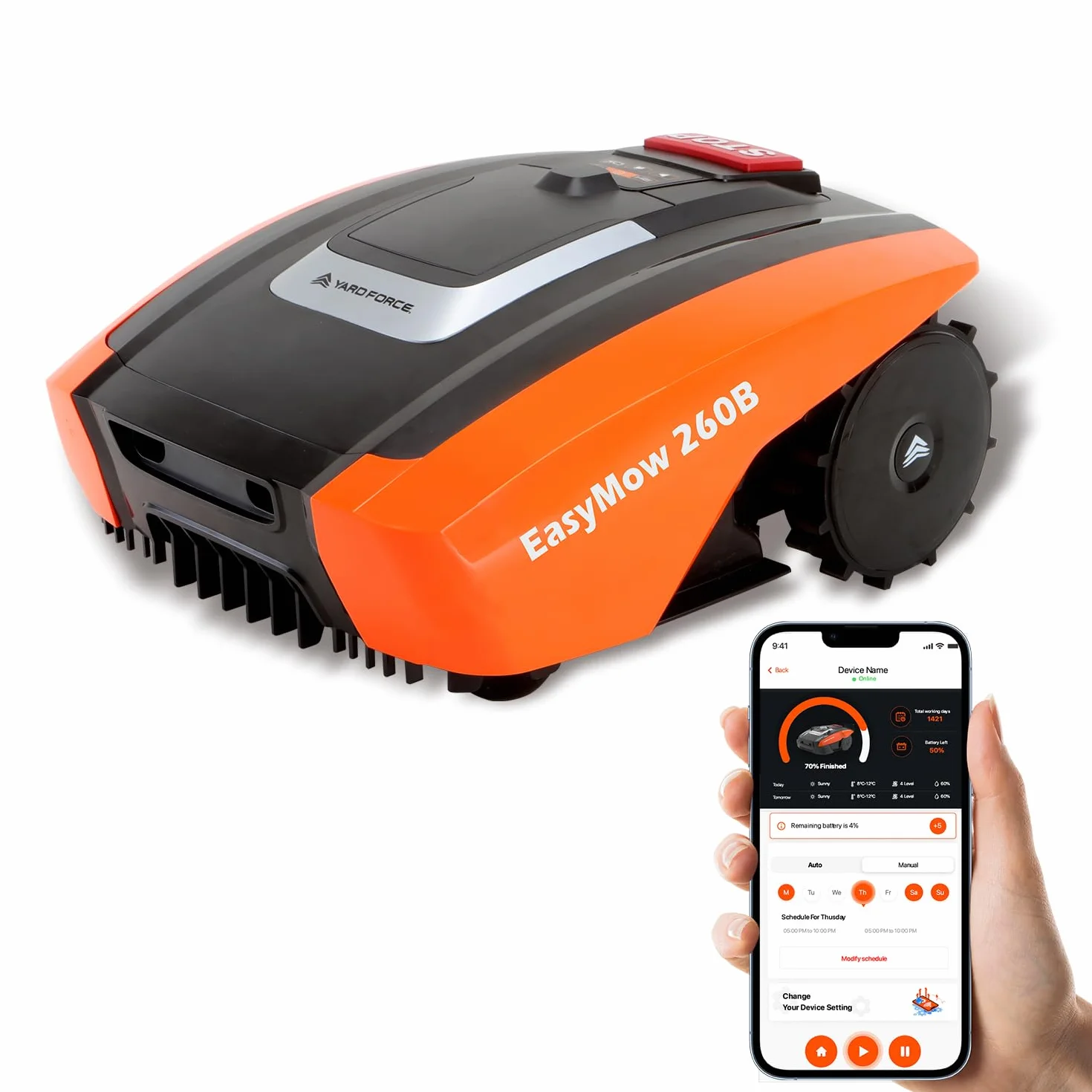 YARD FORCE EasyMow 260B Robot tosaerba fino a 260 mq, robot tosaerba a guida autonoma, facile da usare, controllo Bluetooth e app, fino a pendenze 30%, batteria agli ioni di litio da 20 V/2,0 Ah