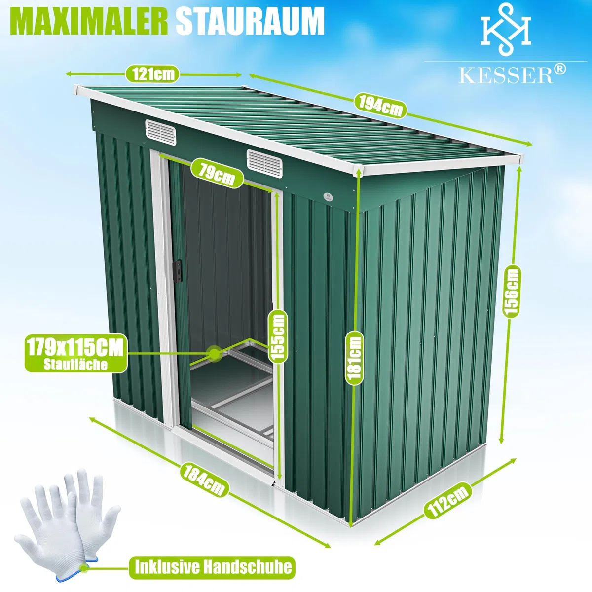 KESSER - Casetta per attrezzi L in metallo, 4 m³ con fondazione | 210 x 132 x 186 cm | 2 porte scorrevoli e fondazione | capanno attrezzi | Armadio da giardino | tetto spiovente capannone giardino