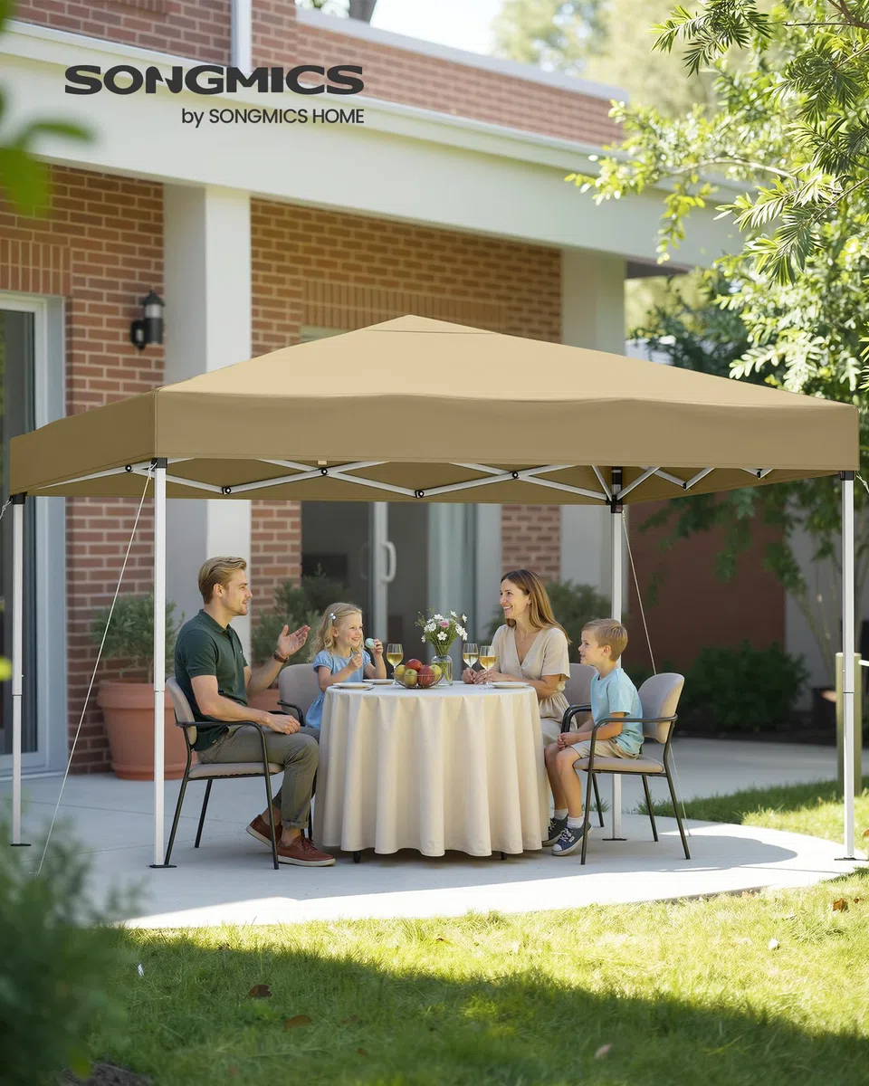 SONGMICS Gazebo 3 x 3 m, Tendone Pieghevole, Protezione Solare, Resistente alla Pioggia Leggera, Portatile, per Cortile, Giardino, Mercato, Beige GCT102LZ01