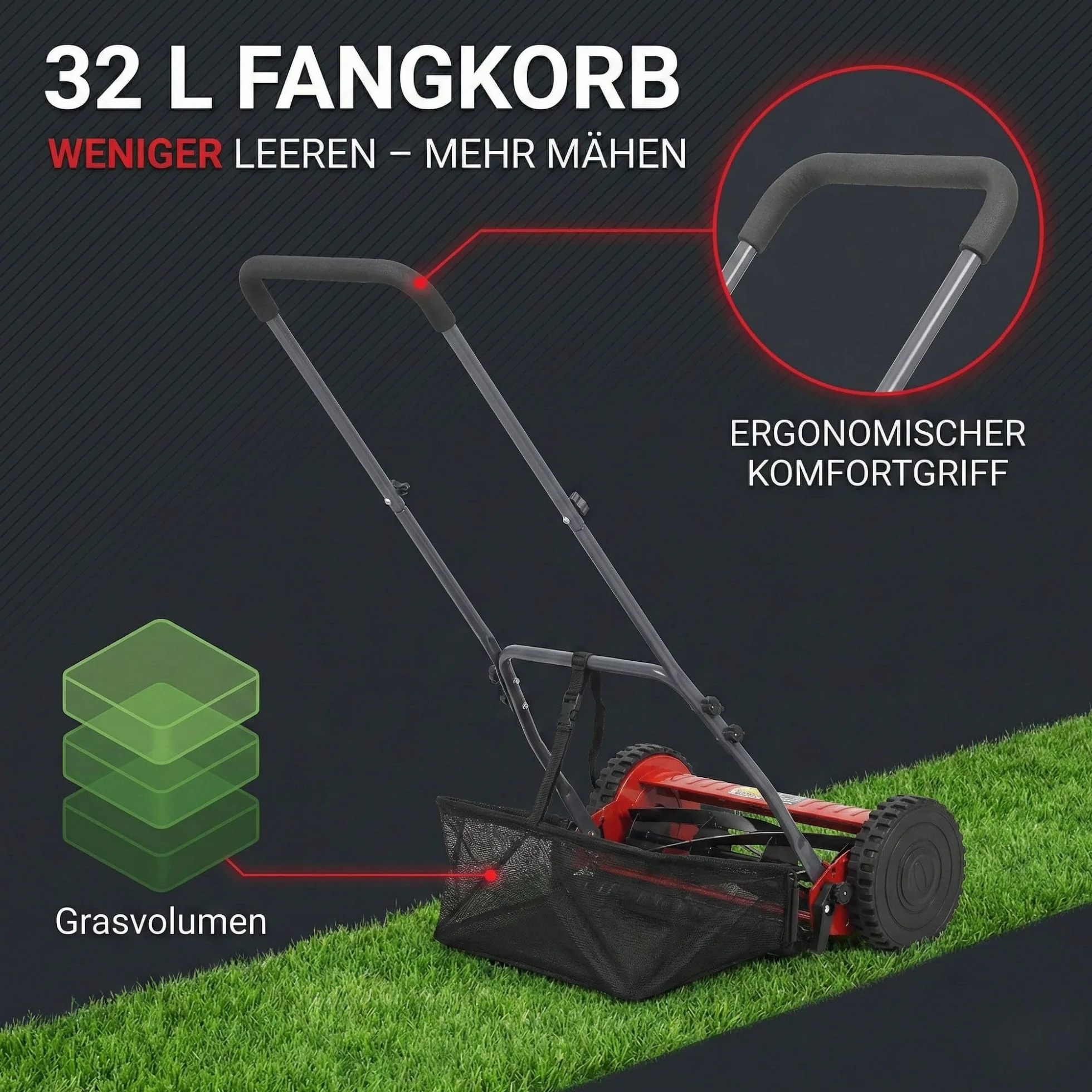 STAHLMANN RoyalCut - Tosaerba 40 cm, cestello 32 litri, 4 livelli altezza taglio – tosaerba manuale – silenzioso ed ecologico