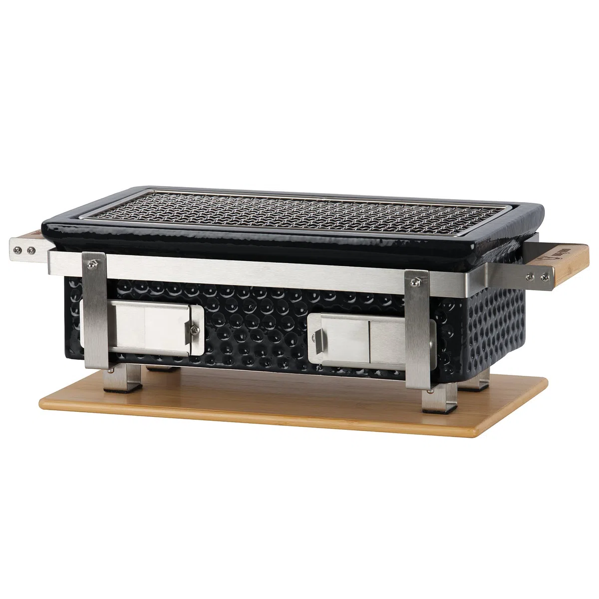 BBQ-Toro Barbecue da tavolo in ceramica con base in legno | 50 x 23 x 17 cm | Barbecue da tavolo Hibachi senza elettricità | nero, mini griglia da tavolo a carbonella, barbecue a carbonella