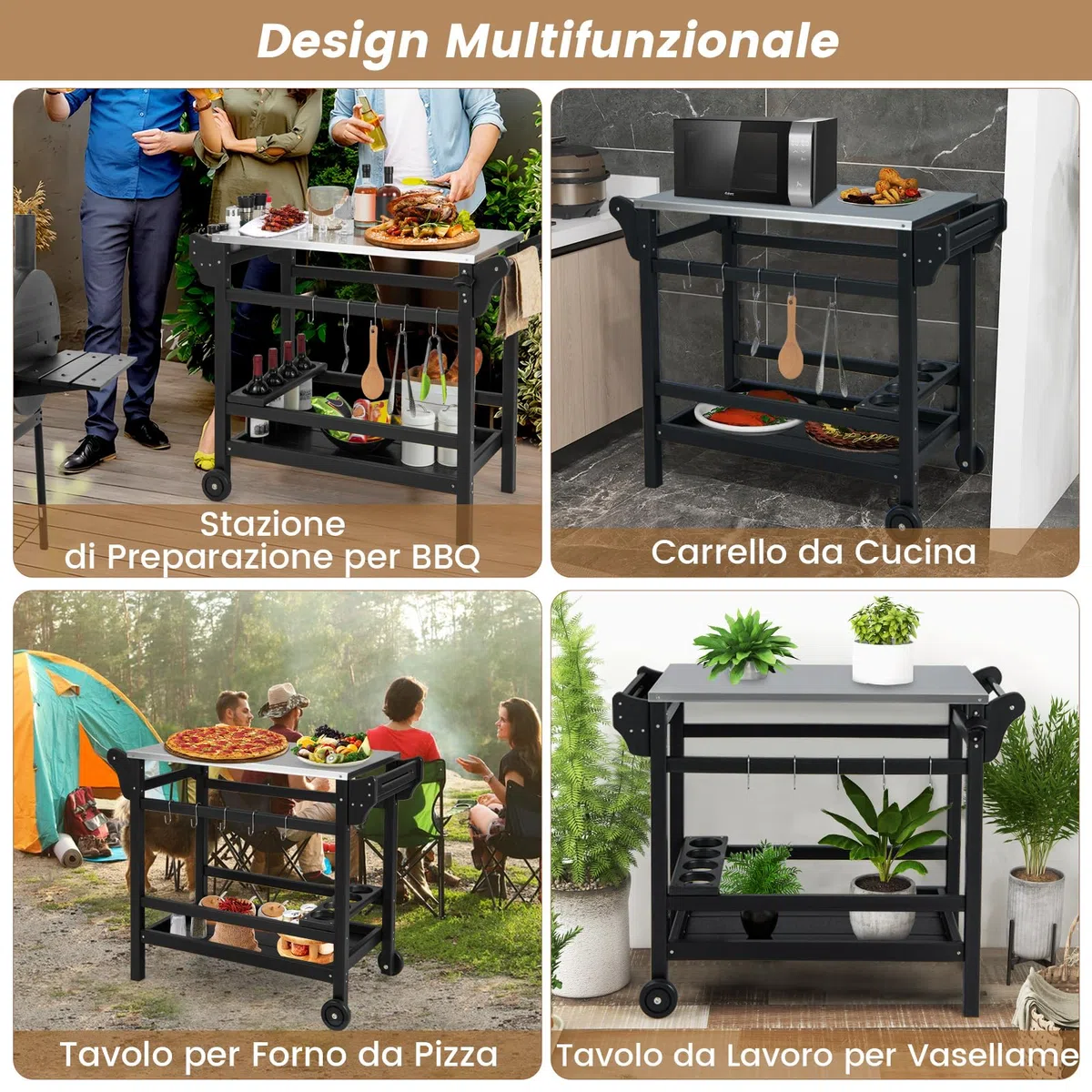 COSTWAY Carrello Barbecue da Esterno, Stand per Forno a Pizza con Piano in Acciaio Inox Vassoio e Portabottiglie, con Maniglia e Ruote per Cucina Giardino, Carico 150kg, 105x54x85 cm