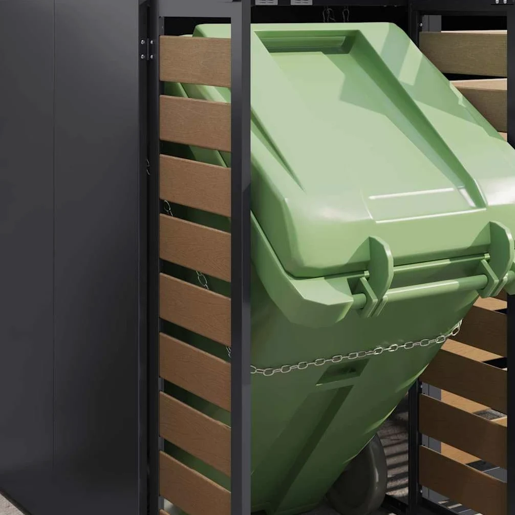 Copribidoni per 3 Bidoni di Spazzatura Contenitori Pattumiera Cassonetti Rifiuti 240 L Box in Acciaio Antracite/Aspetto Larice Coperchio Bidone Resistente 3 Porte