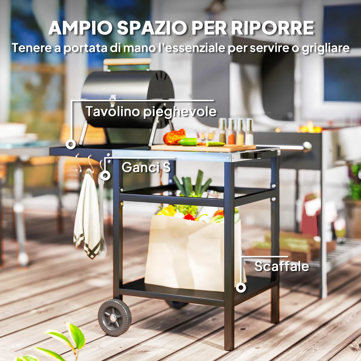 Outsunny Carrello Barbecue con Piano in Acciaio Inox e Ripiano Richiudibile, Tavolo Cucina da Esterno per Forno Pizza con Ruote, Maniglia, 6 Ganci e Copertura di Protezione, 91x58x76 cm, Nero
