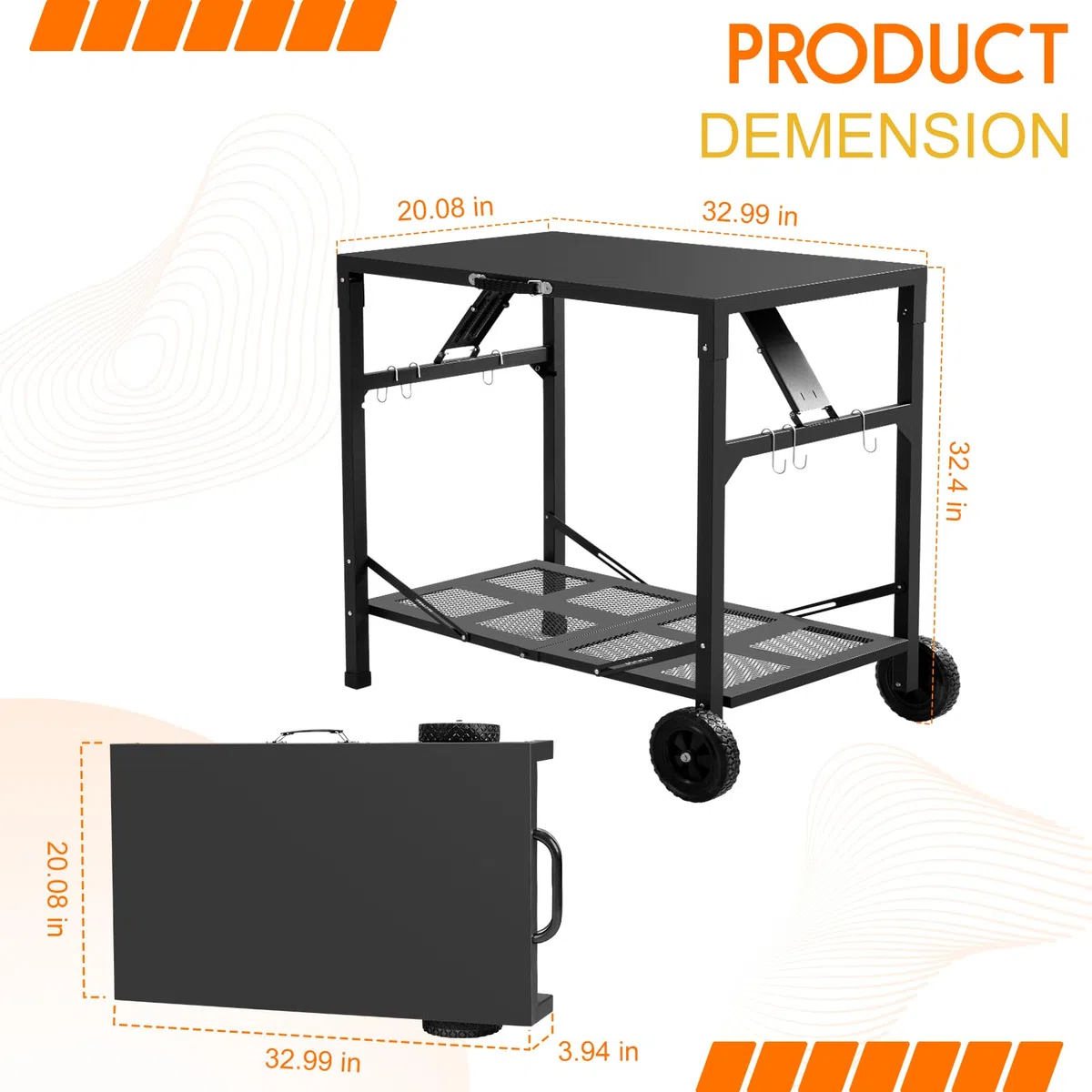 KHAMAL Carrello pieghevole per barbecue da esterni, tavolo portatile per pizza con ruote, tavolo da pranzo portatile per esterni, barbecue, interni, cucina