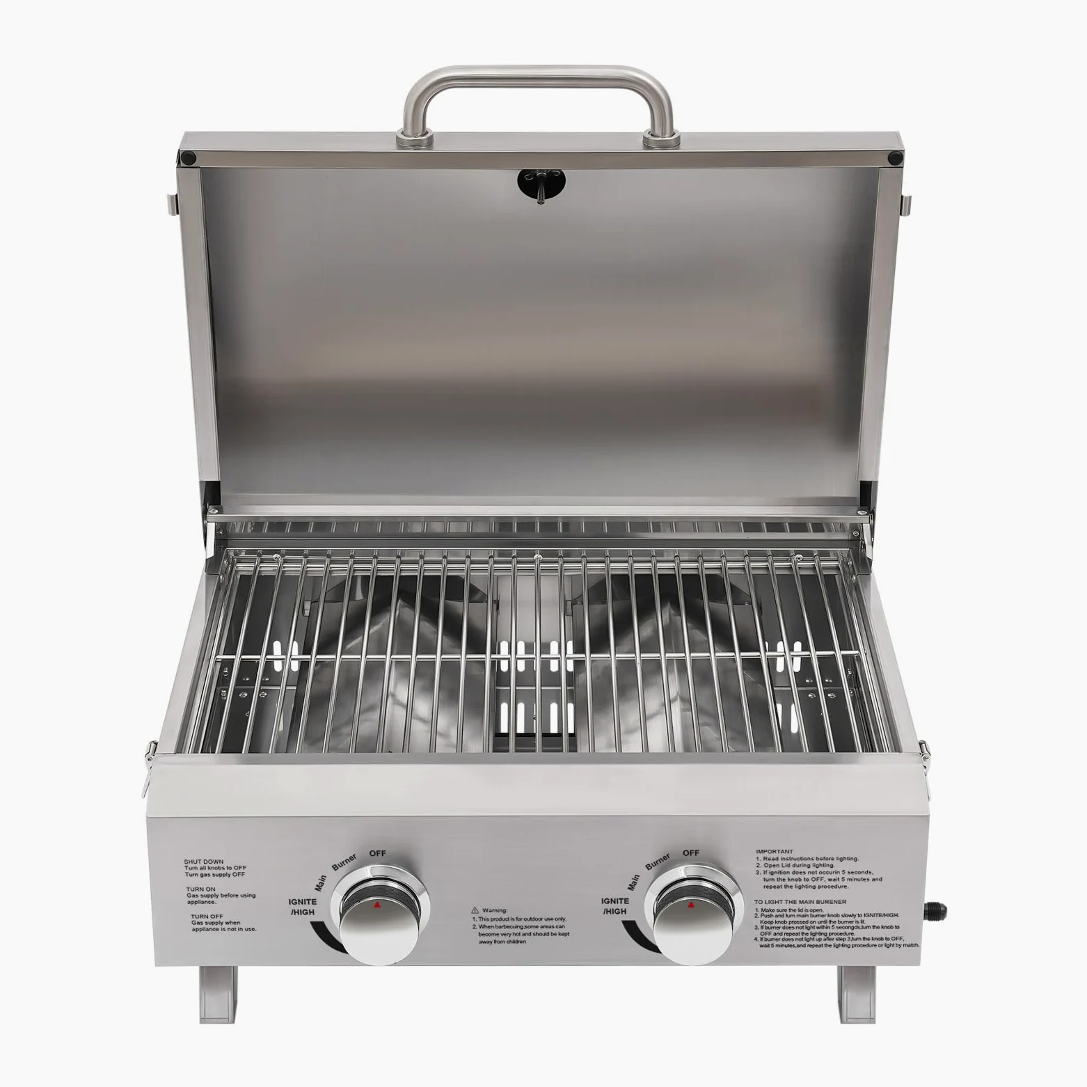 Barbecue a gas portatile in acciaio inox, 2 bruciatori in acciaio inox, 55,8 x 45 x 38 cm, per campeggio, giardino