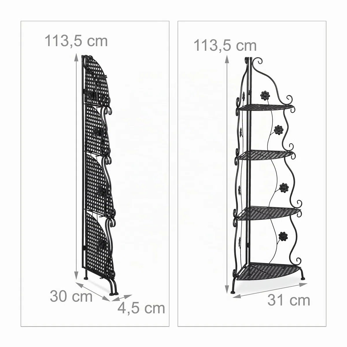 Relaxdays Scaffale Portafiori in Metallo, Fioriera Interno ad Angolo con 4 Mensole Porta Piante, 113,5x31x31 cm, Nero