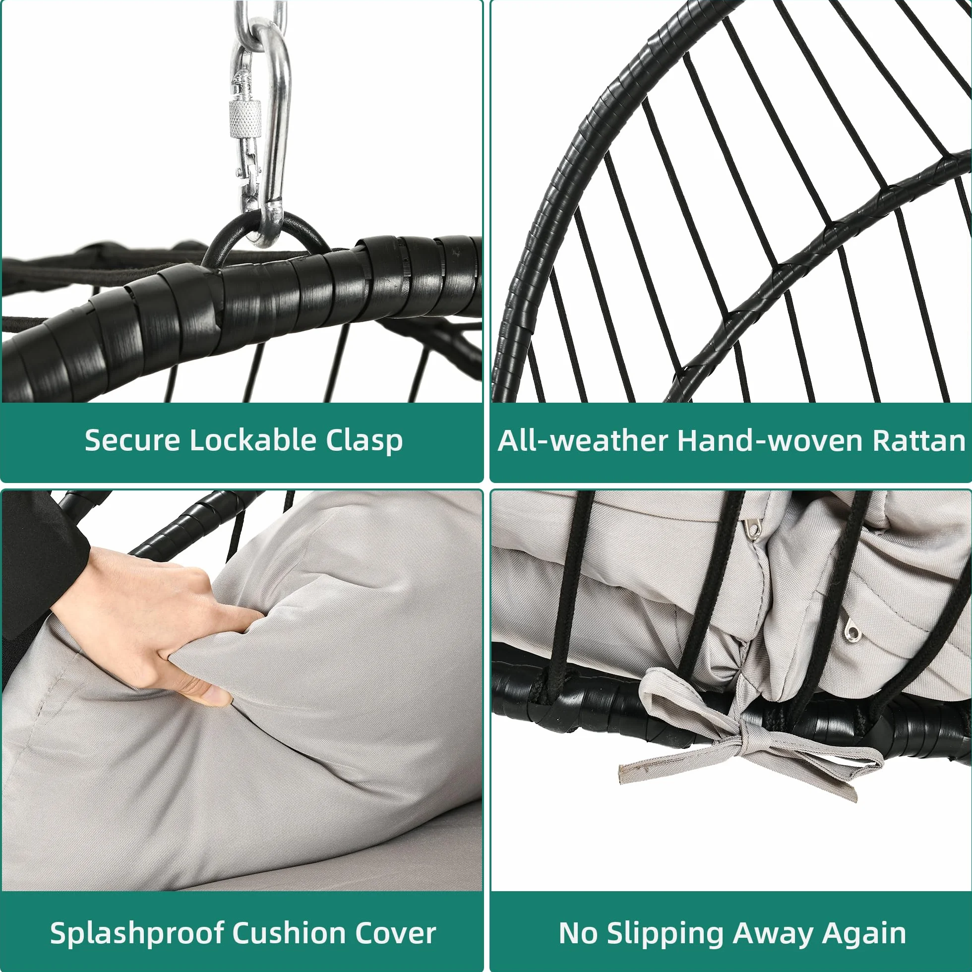 YITAHOME Poltrona sospesa senza telaio, in rattan con cuscino lavabile, portata 160 kg, pieghevole, per terrazza, giardino, camera da letto e balcone, grigio