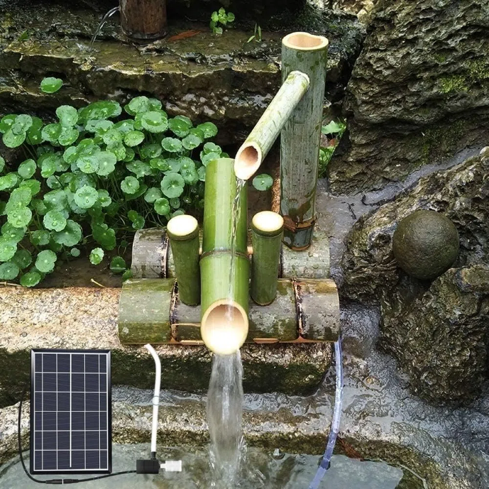 Fontana a Cascata per laghetto da Giardino, Kit Fontana Solare in bambù con Pannello Solare, Fontana in bambù per Esterni per Giardino Giapponese, 100% Fatta a Mano,30CM