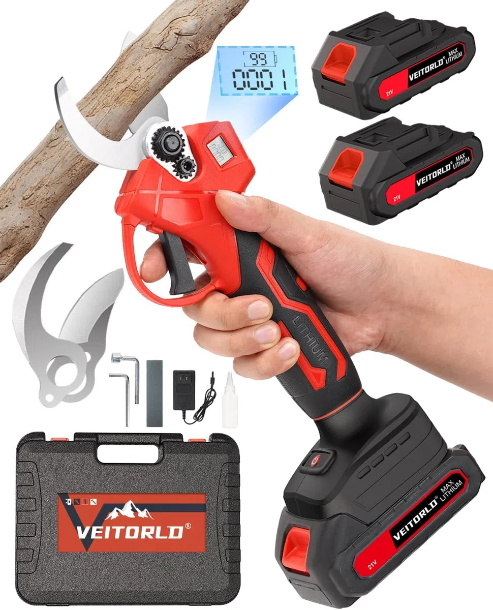 Veitorld Forbici da Potatura a Batteria, 30 mm, con 2 Batterie da 2000 mAh, Motore Senza Spazzole, Forbici da Giardino Senza Fili, con Contatore a LED, Protezione Rinforzata, Regalo per Uomini, Donne